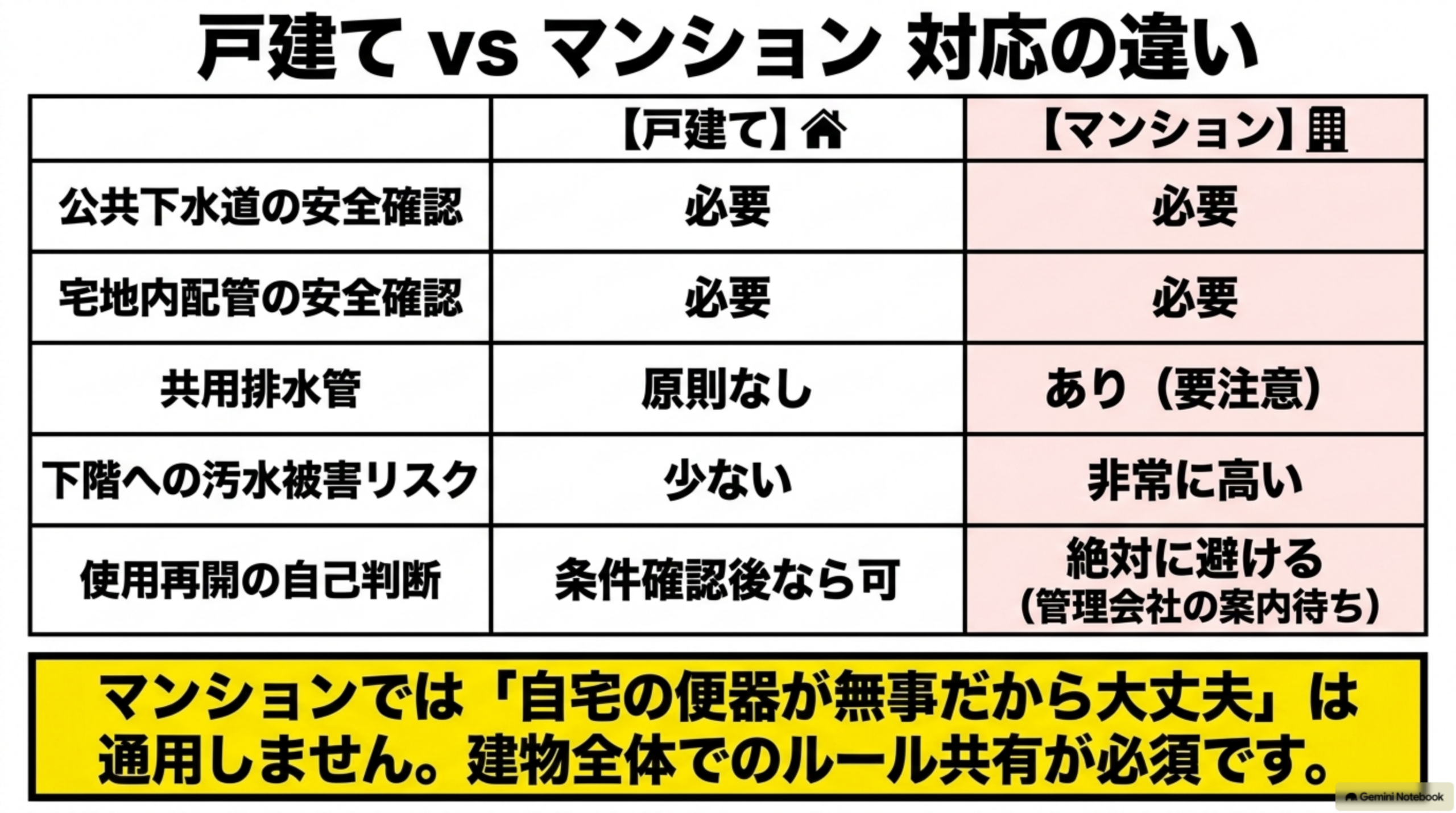 戸建てvsマンション対応の違い。公共下水道の安全確認：戸建て必要、マンション必要。宅地内配管の安全確認：両方必要。共用排水管：戸建て原則なし、マンションあり(要注意)。下階への汚水被害リスク：戸建て少ない、マンション非常に高い。使用再開の自己判断：戸建て条件確認後なら可、マンション絶対に避ける(管理会社の案内待ち)、という比較表。マンションでは「自宅の便器が無事だから大丈夫」は通用しません、建物全体でのルール共有が必須ですという注記