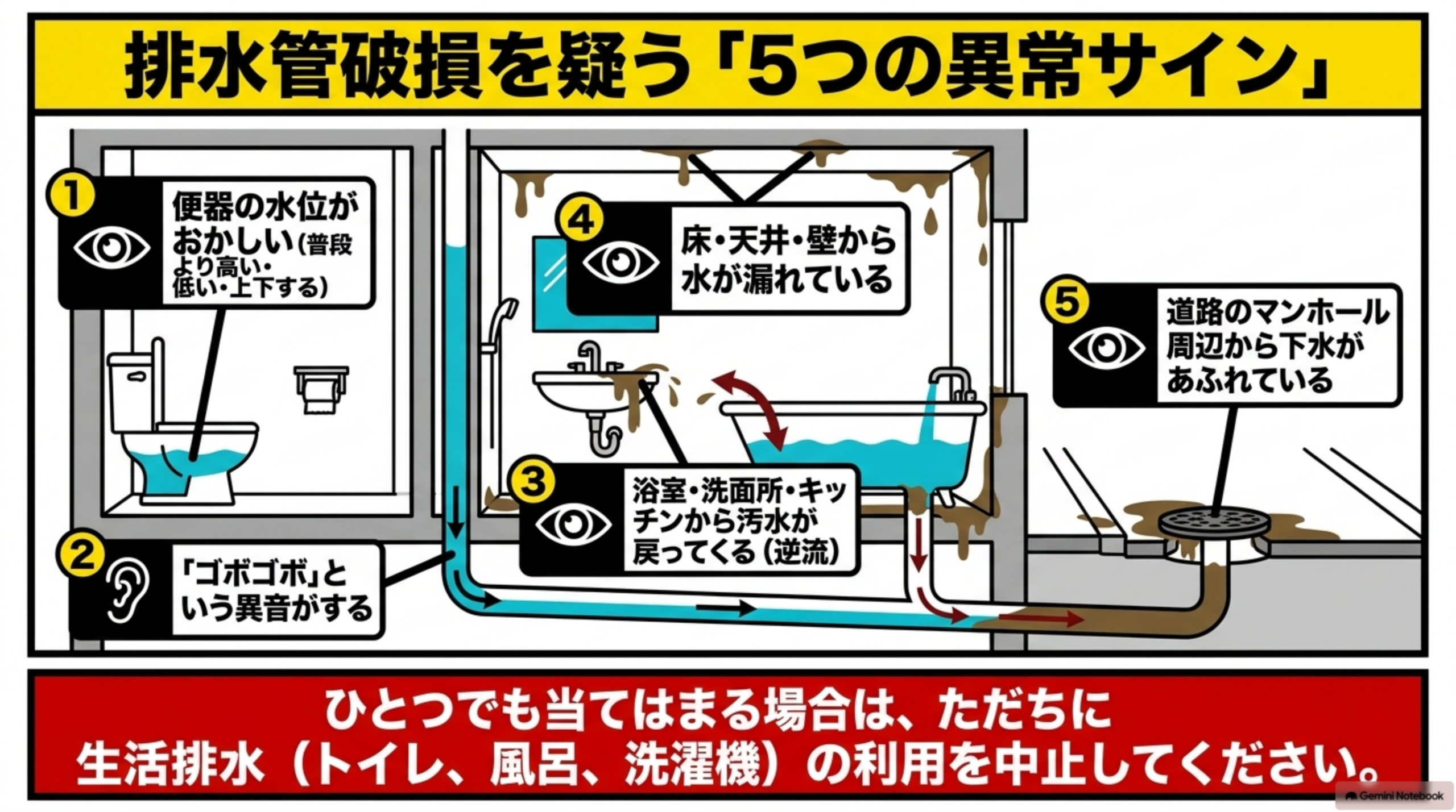 排水管破損を疑う「5つの異常サイン」。①便器の水位がおかしい(普段より高い・低い・上下する)②「ゴボゴボ」という異音がする③浴室・洗面所・キッチンから汚水が戻ってくる(逆流)④床・天井・壁から水が漏れている⑤道路のマンホール周辺から下水があふれている、の5項目を部屋の見取り図に配置。ひとつでも当てはまる場合は、ただちに生活排水(トイレ、風呂、洗濯機)の利用を中止してくださいという注記