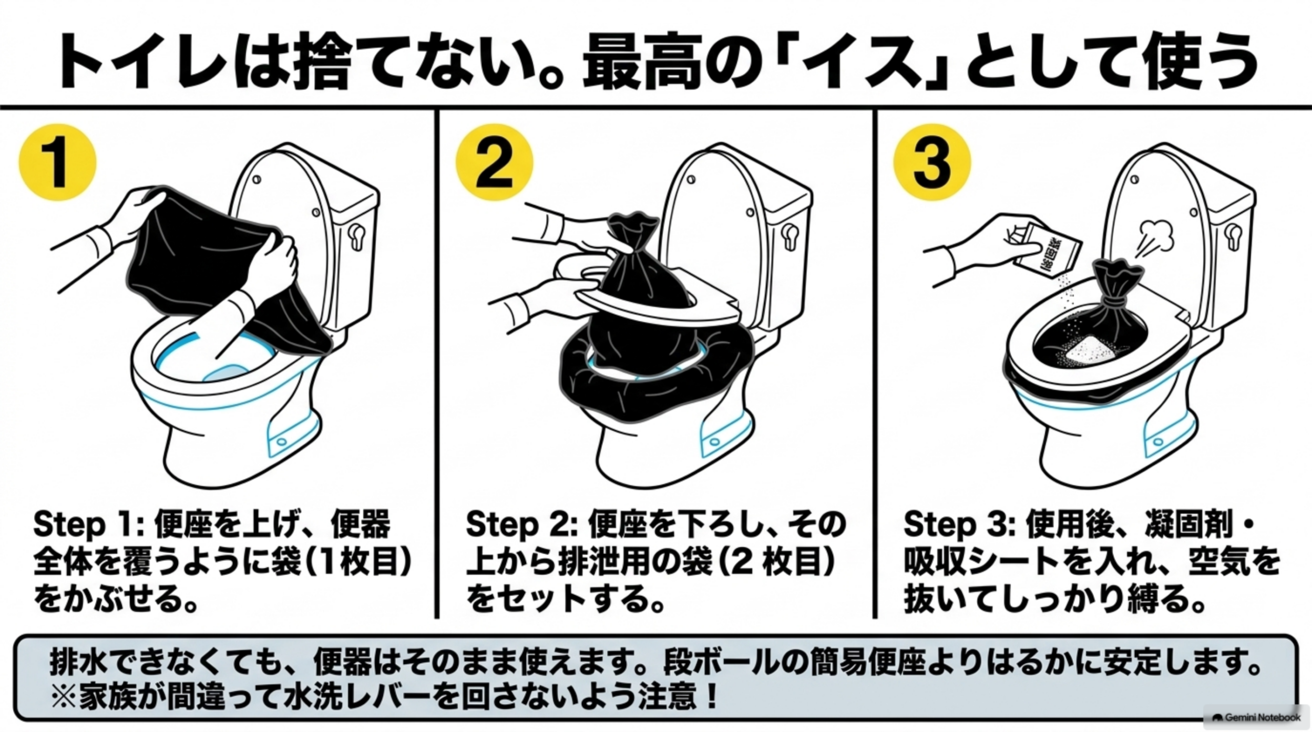 トイレは捨てない。最高の「イス」として使う。Step1:便座を上げ、便器全体を覆うように袋(1枚目)をかぶせる。Step2:便座を下ろし、その上から排泄用の袋(2枚目)をセットする。Step3:使用後、凝固剤・吸収シートを入れ、空気を抜いてしっかり縛る、の3ステップイラスト。排水できなくても、便器はそのまま使えます、段ボールの簡易便座よりはるかに安定します、家族が間違って水洗レバーを回さないよう注意という注記