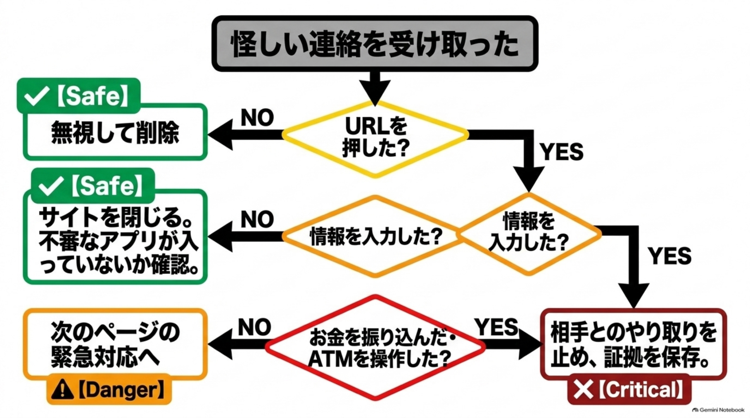 怪しい連絡を受け取った、URLを押した情報を入力したお金を振り込んだかの判定フローチャート