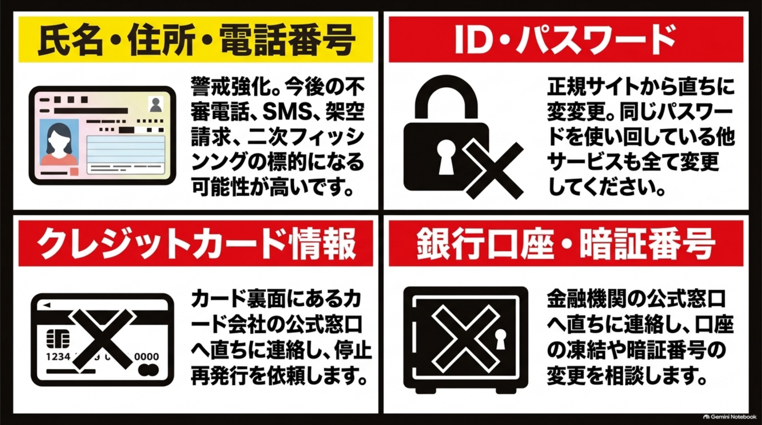 氏名住所電話番号、IDパスワード、クレジットカード情報、銀行口座暗証番号それぞれの対応