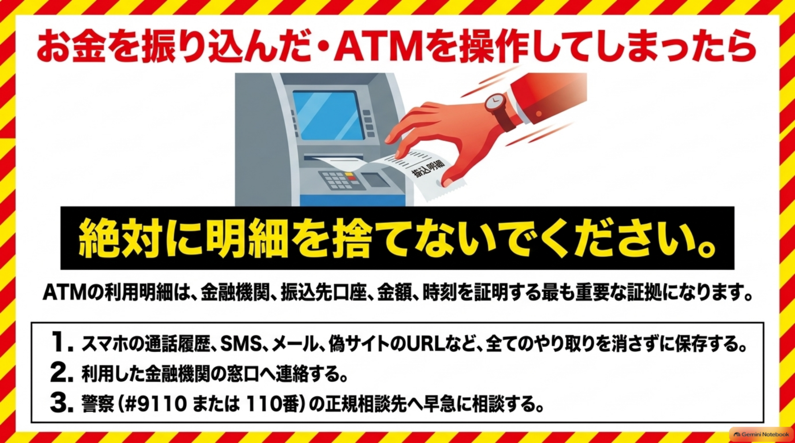 お金を振り込んだ・ATMを操作してしまったら絶対に明細を捨てないでください