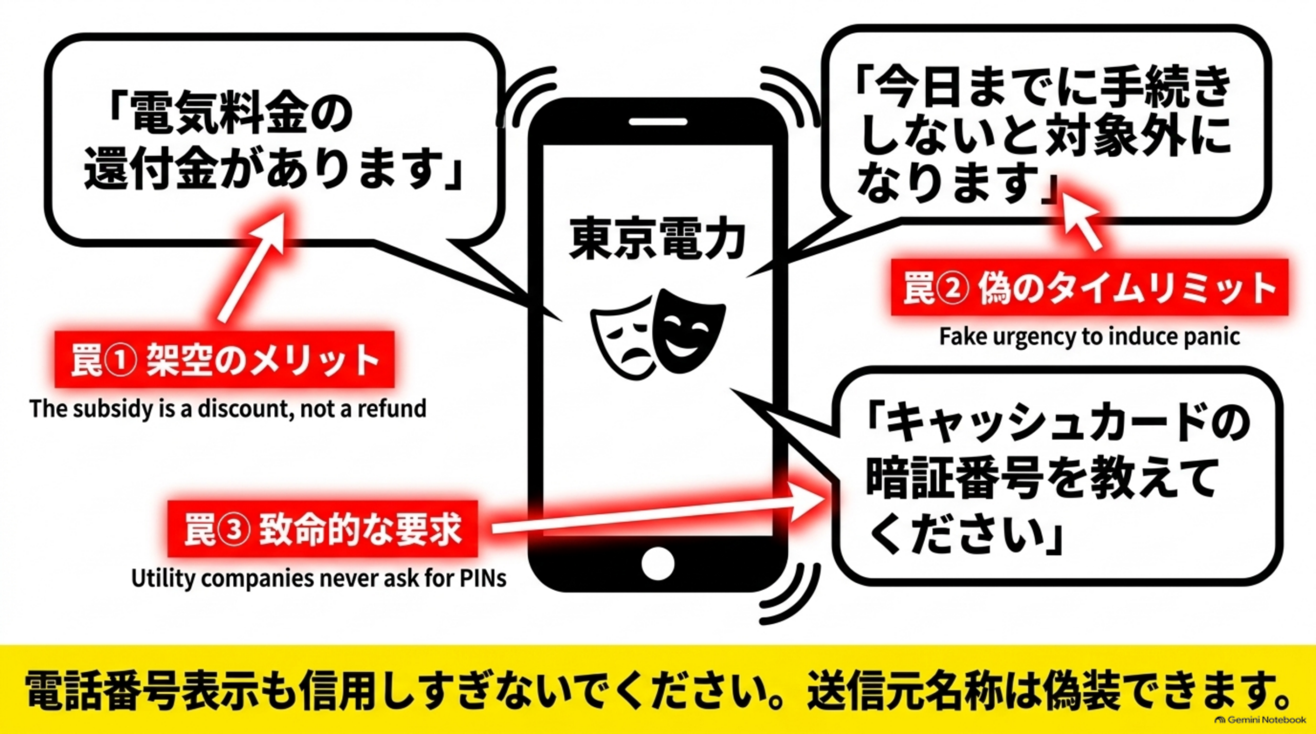 東京電力を装う電話、架空のメリット、偽のタイムリミット、致命的な要求