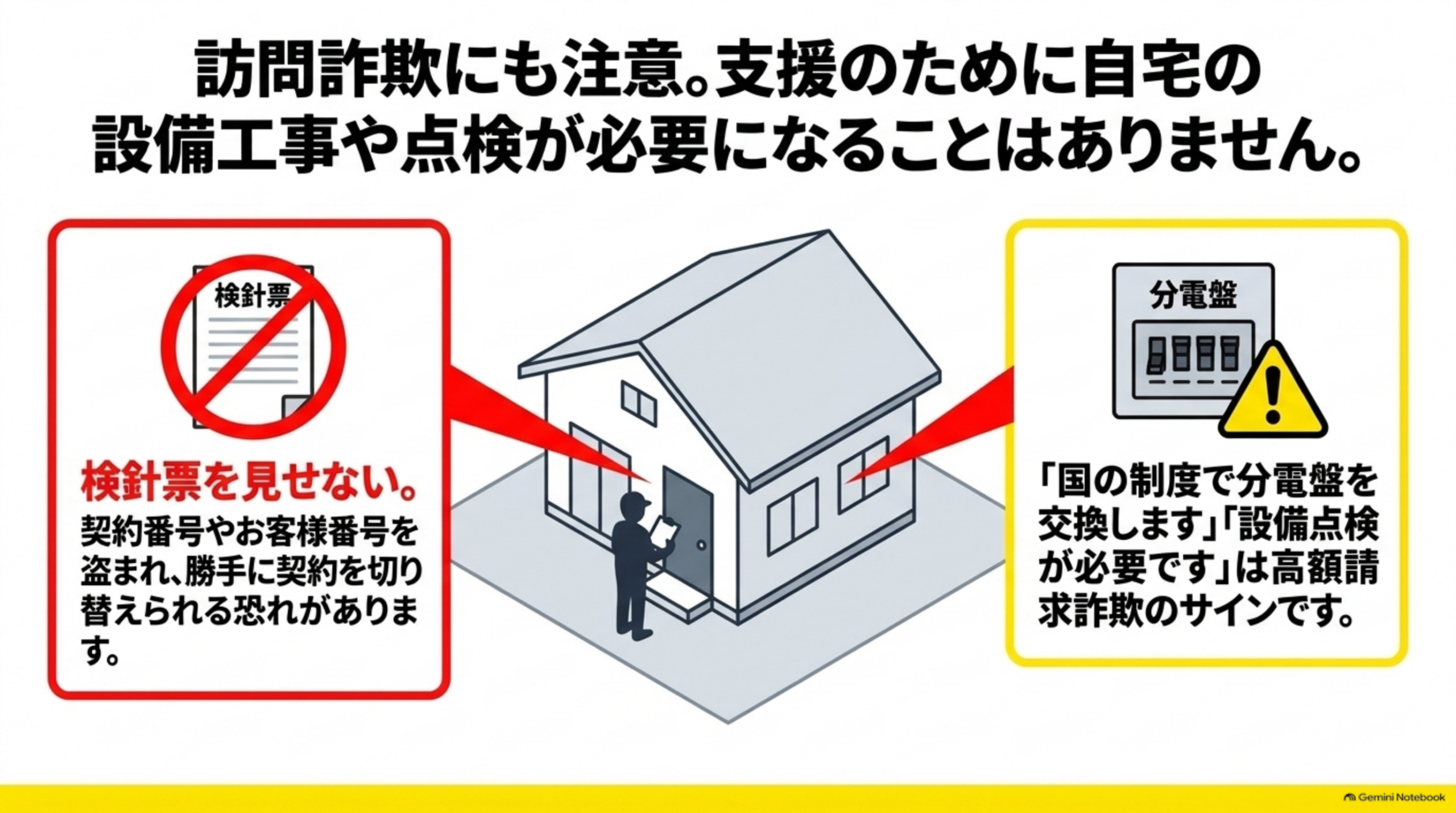 訪問詐欺にも注意、検針票を見せない、分電盤交換や設備点検は高額請求詐欺のサイン
