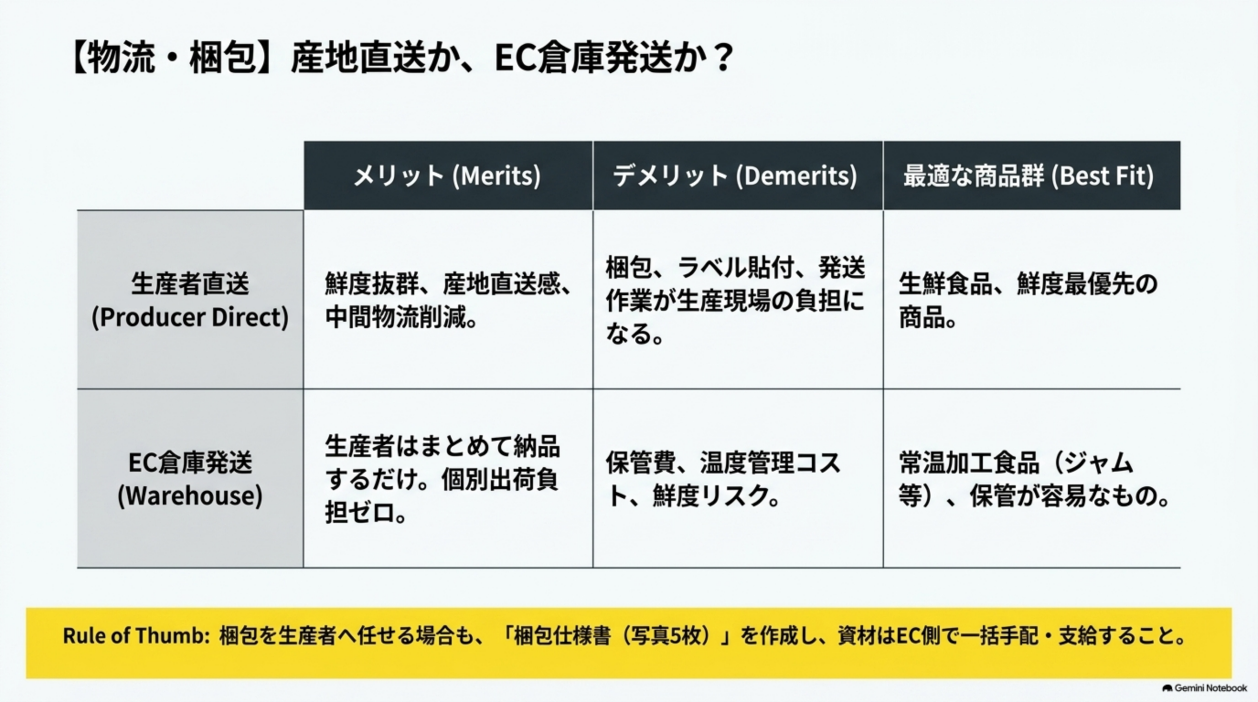 生産者直送(鮮度抜群・産地直送感・中間物流削減がメリットだが梱包・ラベル貼付・発送作業が生産現場の負担になるデメリットがあり生鮮食品・鮮度最優先の商品に最適)とEC倉庫発送(生産者はまとめて納品するだけで個別出荷負担ゼロがメリットだが保管費・温度管理コスト・鮮度リスクがデメリットで常温加工食品に最適)の比較表。梱包を生産者へ任せる場合も梱包仕様書を作成し資材はEC側で一括手配・支給する