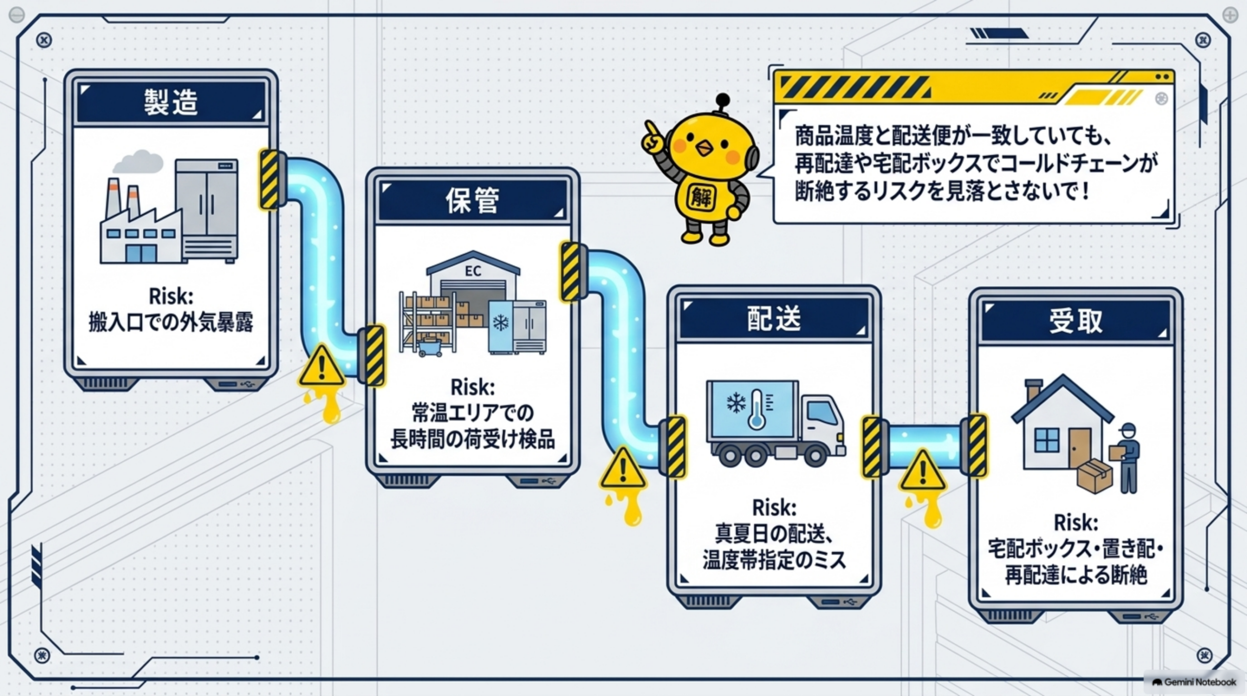 製造(Risk:搬入口での外気暴露)→保管(Risk:常温エリアでの長時間の荷受け検品)→配送(Risk:真夏日の配送・温度帯指定のミス)→受取(Risk:宅配ボックス・置き配・再配達による断絶)という4地点のコールドチェーンとそれぞれのリスク。商品温度と配送便が一致していても再配達や宅配ボックスでコールドチェーンが断絶するリスクを見落とさない