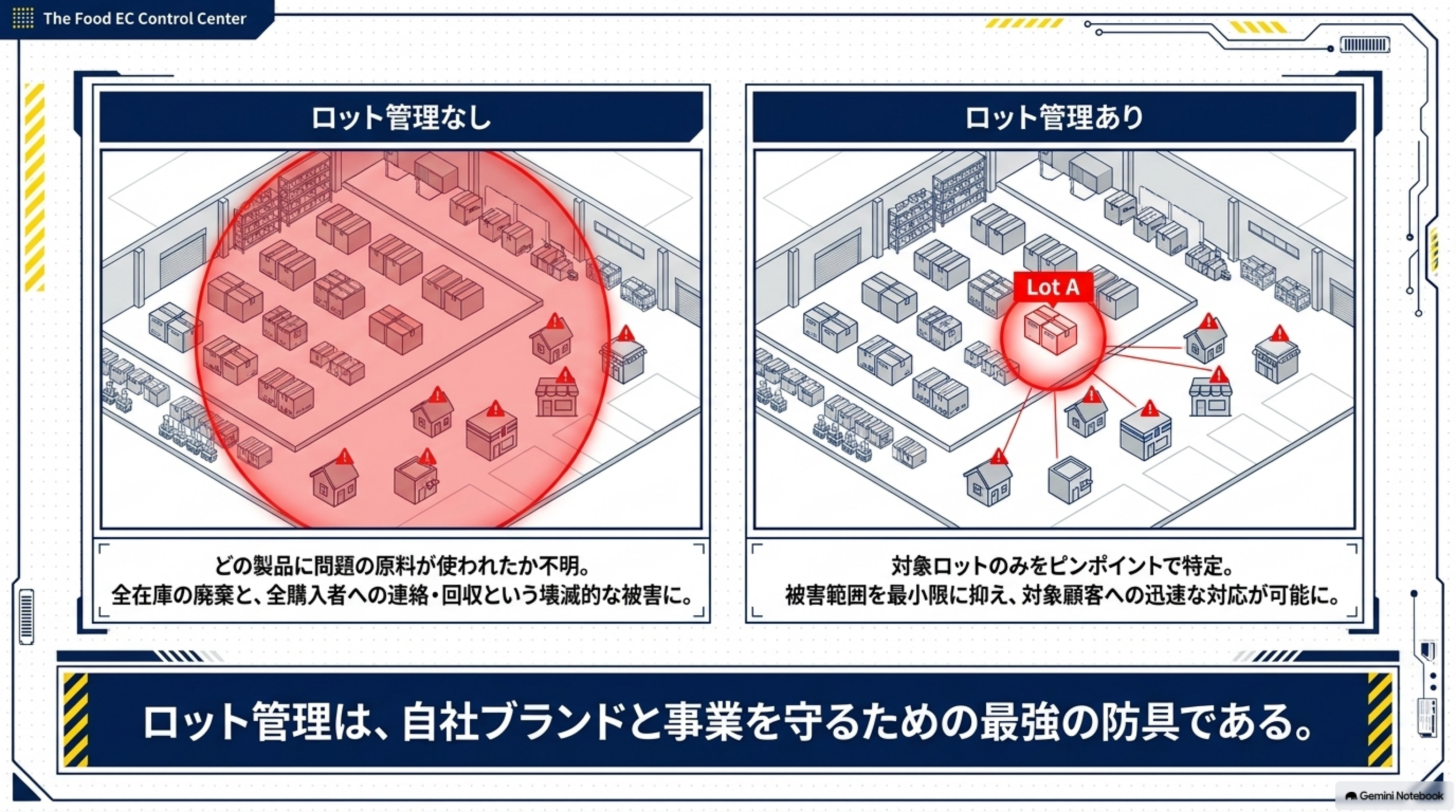 ロット管理なし(どの製品に問題の原料が使われたか不明で全在庫の廃棄と全購入者への連絡・回収という壊滅的な被害)とロット管理あり(対象ロットのみをピンポイントで特定し被害範囲を最小限に抑え対象顧客への迅速な対応が可能)の比較図。ロット管理は自社ブランドと事業を守るための最強の防具である