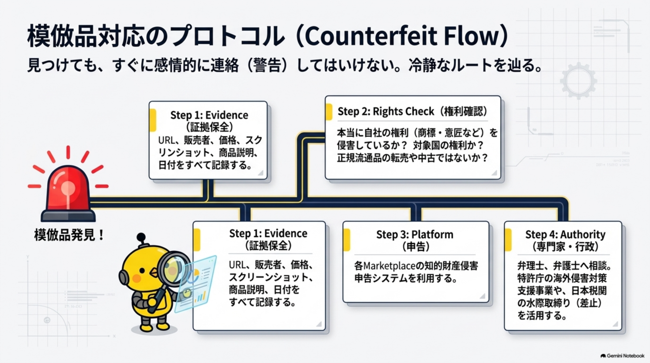 見つけてもすぐに感情的に連絡(警告)してはいけない、冷静なルートを辿るとしてStep1Evidence証拠保全(URL・販売者・価格・スクリーンショット・商品説明・日付をすべて記録する)→Step2Rights Check権利確認(本当に自社の権利商標・意匠などを侵害しているか対象国の権利か正規流通品の転売や中古ではないか)→Step3Platform申告(各Marketplaceの知的財産侵害申告システムを利用する)→Step4Authority専門家行政(弁理士弁護士へ相談特許庁の海外侵害対策支援事業や日本税関の水際取締り差止を活用する)という模倣品対応のプロトコルCounterfeit Flow