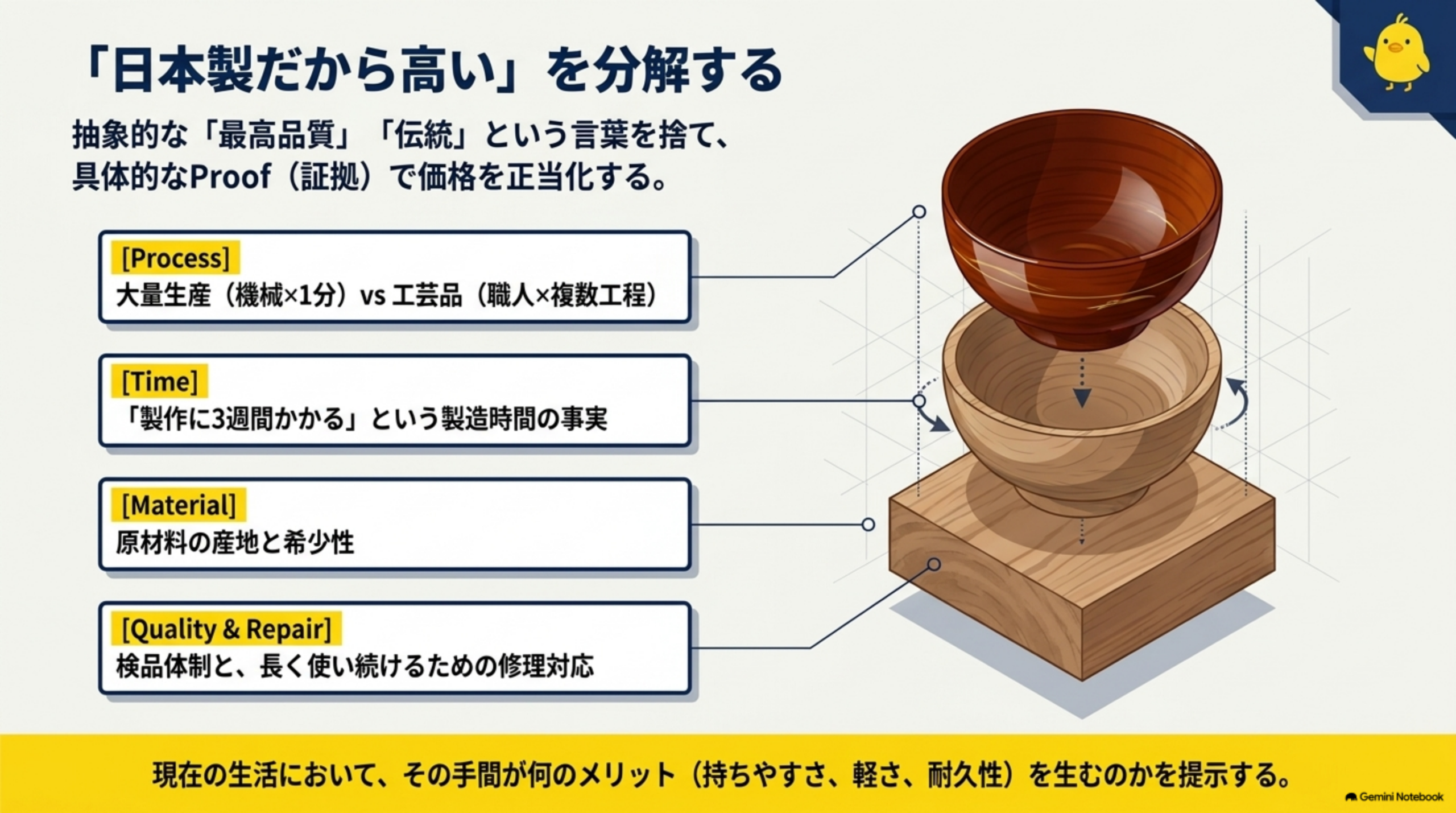 抽象的な最高品質伝統という言葉を捨て具体的なProof(証拠)で価格を正当化するとして、Process(大量生産機械×1分vs工芸品職人×複数工程)、Time(製作に3週間かかるという製造時間の事実)、Material(原材料の産地と希少性)、Quality&Repair(検品体制と長く使い続けるための修理対応)という4つの分解要素と器の分解図。現在の生活において、その手間が何のメリット(持ちやすさ・軽さ・耐久性)を生むのかを提示する