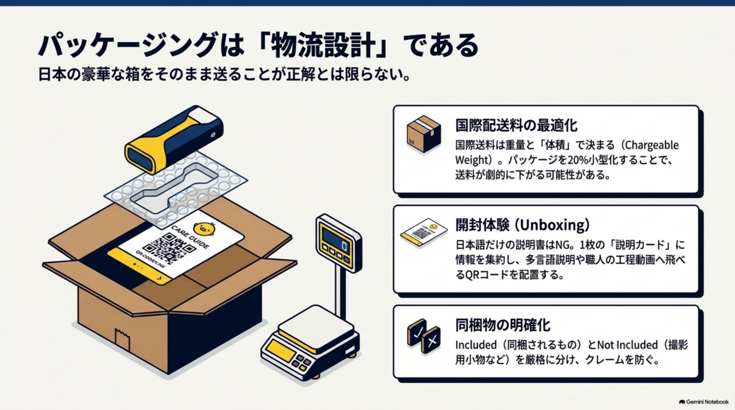 国際配送料は重量と体積で決まるChargeable Weightでありパッケージを20%小型化することで送料が劇的に下がる可能性がある国際配送料の最適化、日本語だけの説明書はNGで1枚の説明カードに情報を集約し多言語説明や職人の工程動画へ飛べるQRコードを配置する開封体験Unboxing、Included(同梱されるもの)とNot Included(撮影用小物など)を厳格に分けクレームを防ぐ同梱物の明確化という3つのポイント。パッケージングは物流設計である