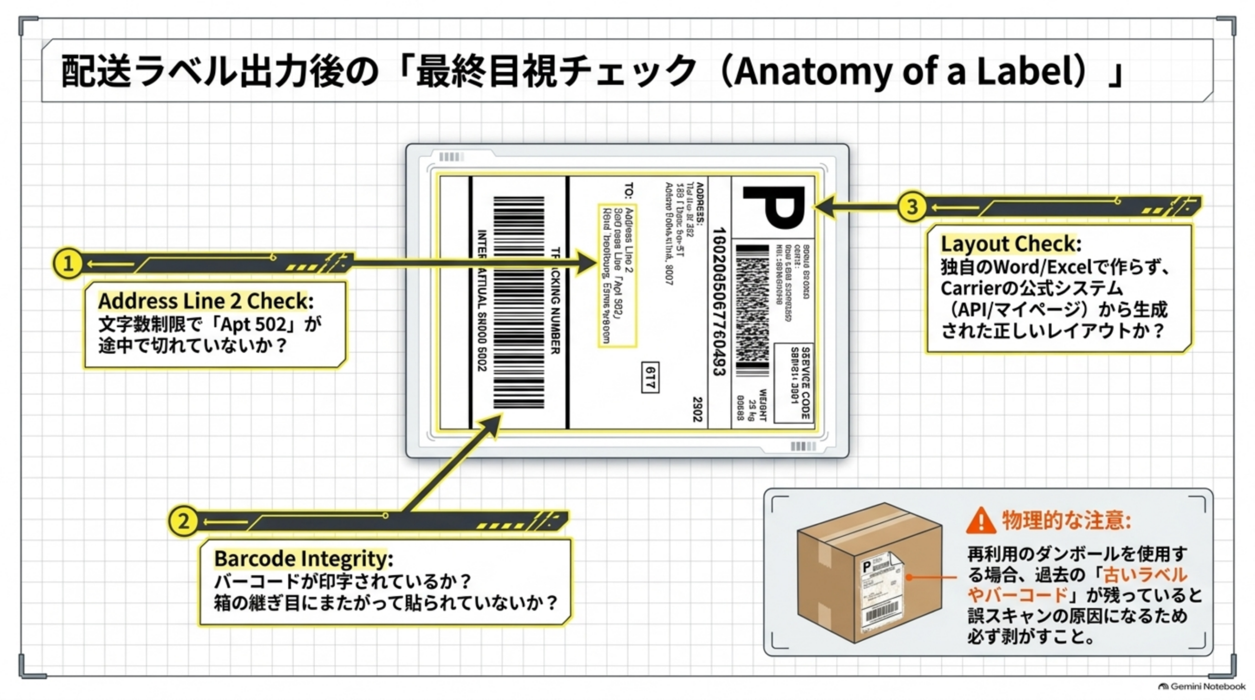 Anatomy of a Label：①Address Line 2 Checkで文字数制限によりApt 502が途中で切れていないか、②Barcode Integrityでバーコードが印字され箱の継ぎ目にまたがっていないか、③Layout Checkで独自のWord/Excelでなくキャリアの公式システムから生成された正しいレイアウトか。再利用ダンボールは過去の古いラベルやバーコードを必ず剥がす