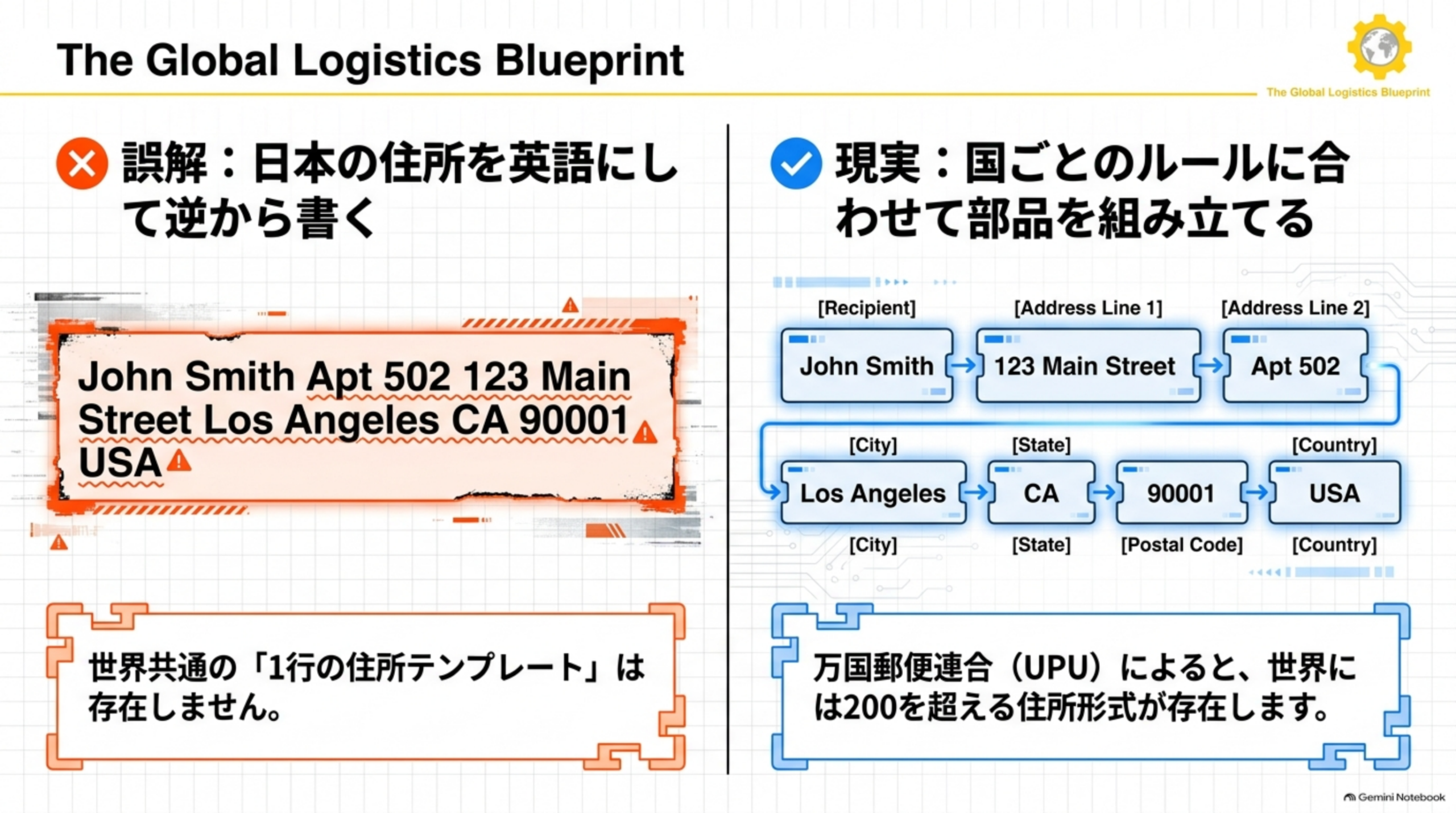 誤解：日本の住所を英語にして逆から書く。現実：国ごとのルールに合わせて部品を組み立てる。万国郵便連合(UPU)によると世界には200を超える住所形式が存在する
