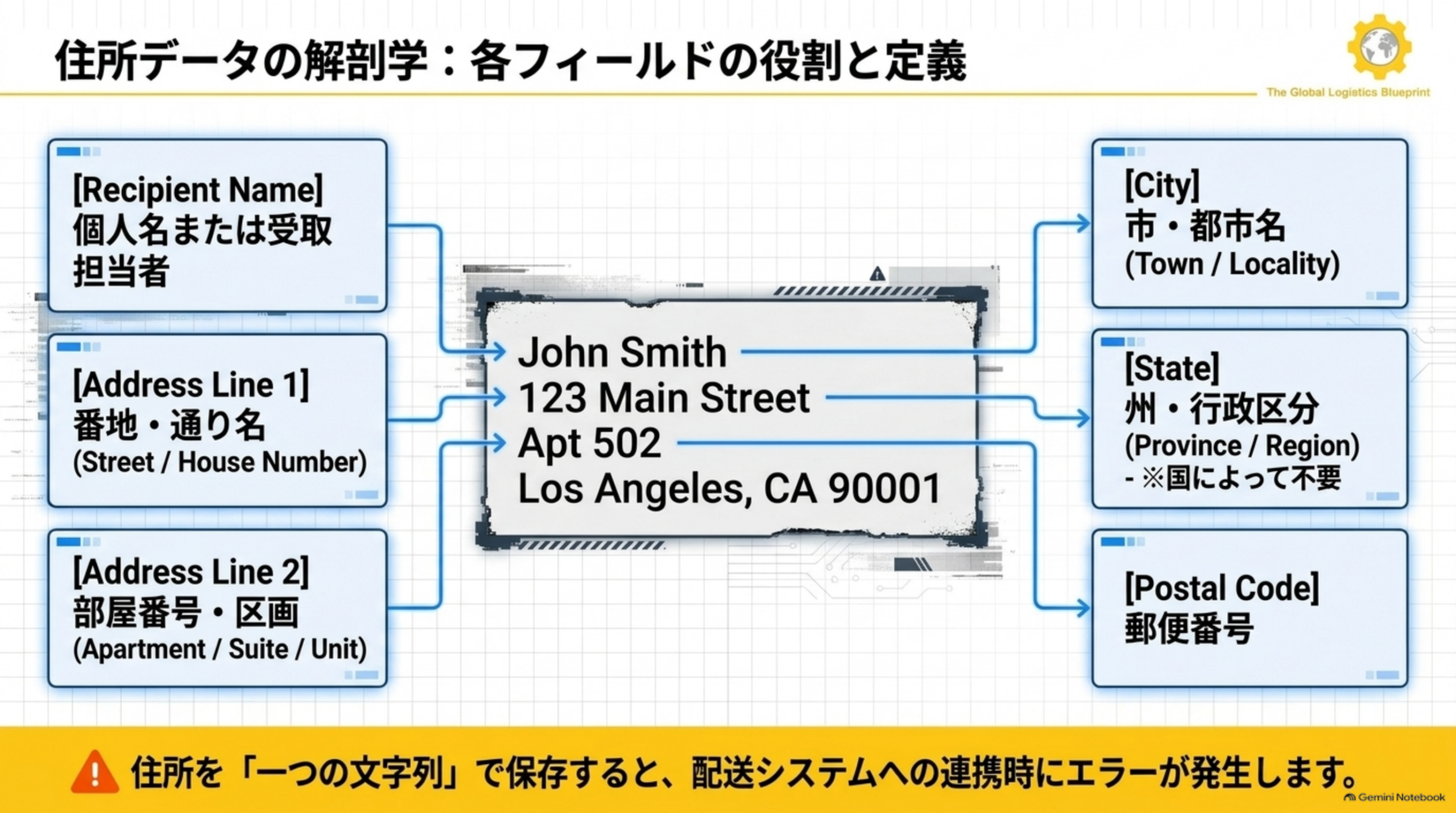 住所データの解剖学：Recipient Name(個人名または受取担当者)、Address Line 1(番地・通り名)、Address Line 2(部屋番号・区画)、City(市・都市名)、State(州・行政区分、国によって不要)、Postal Code(郵便番号)