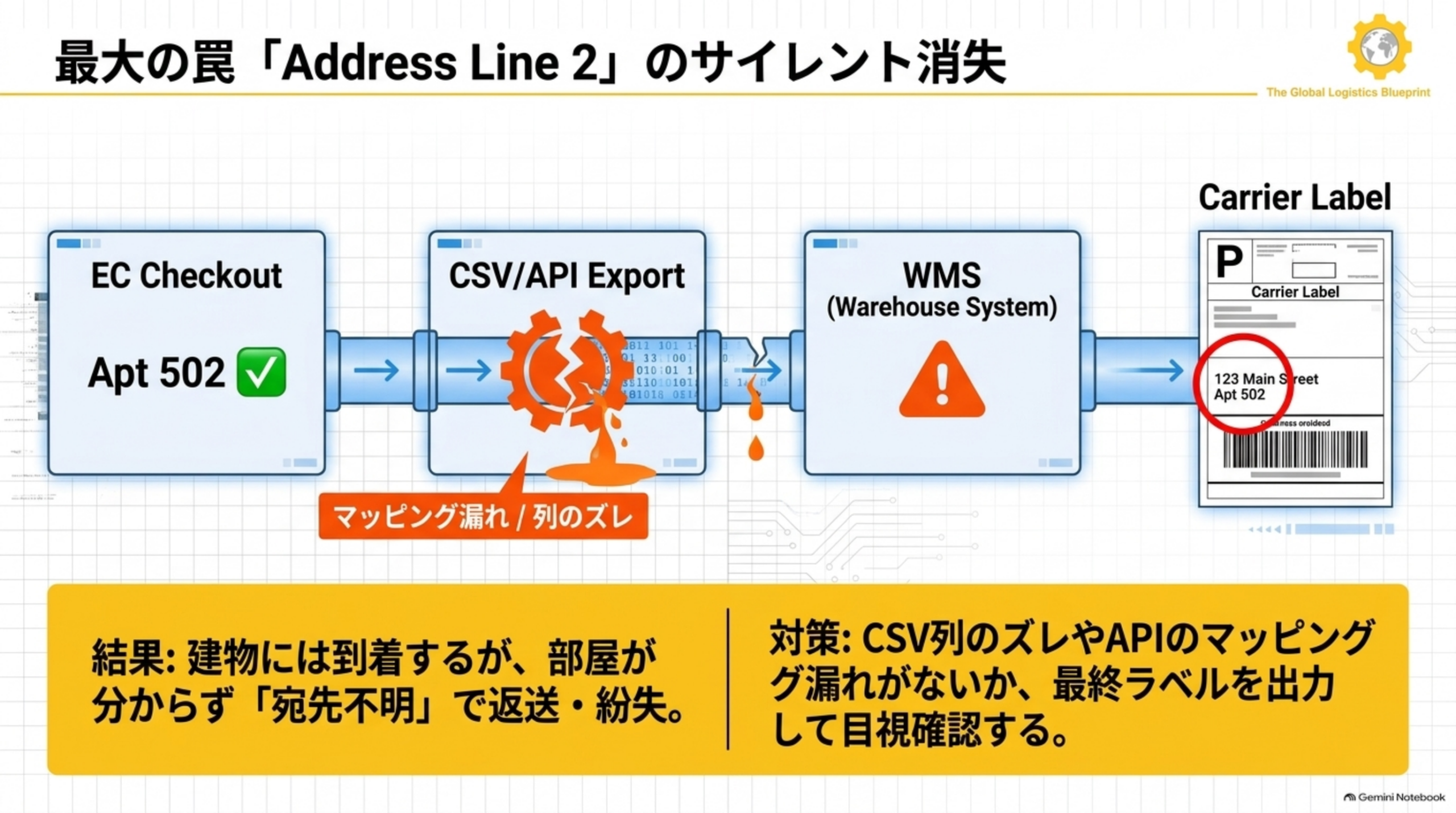 EC Checkoutで正しく入力されたApt 502が、CSV/API ExportやWMSでのマッピング漏れ・列のズレによりCarrier Labelでは消失し、建物には到着するが部屋が分からず宛先不明で返送・紛失する図