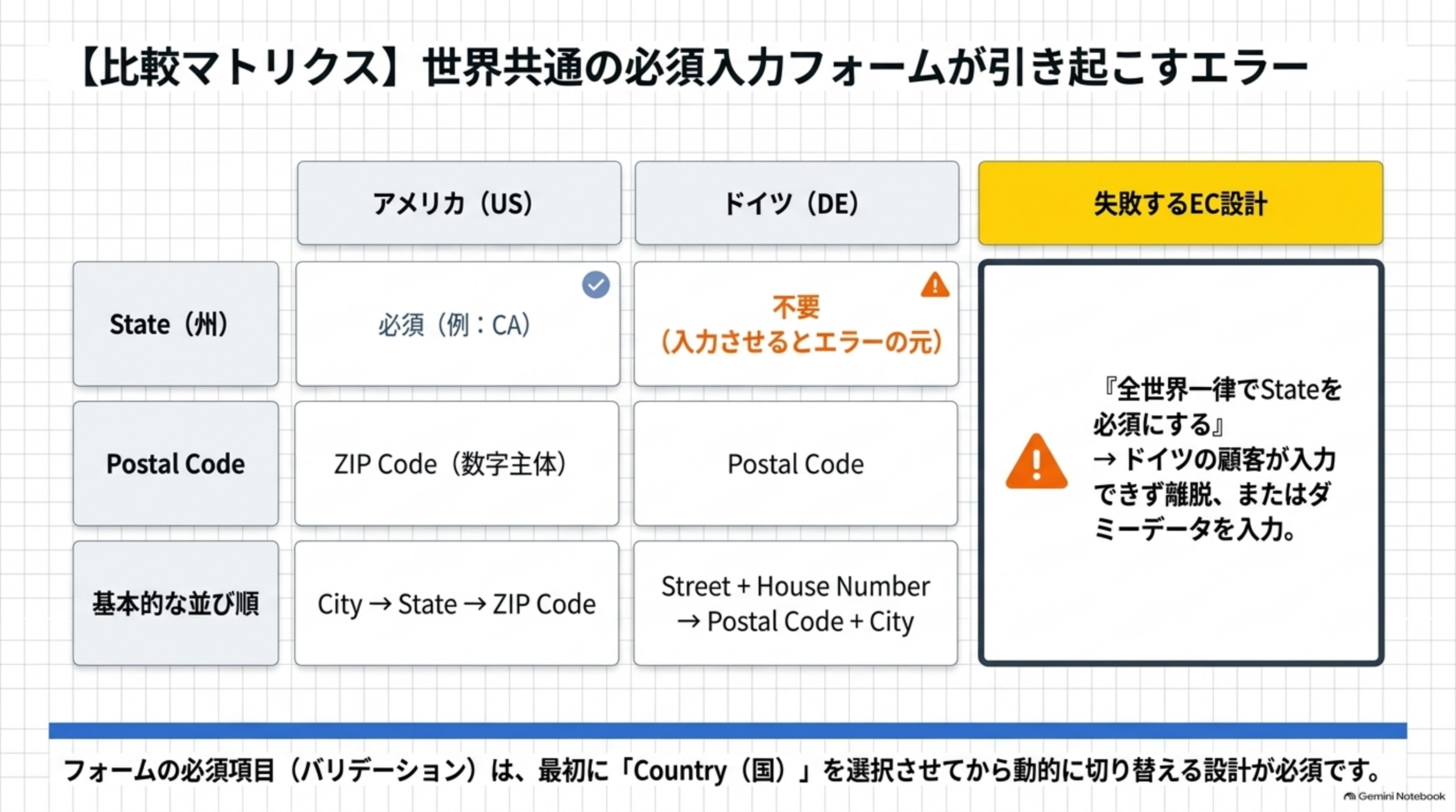 比較マトリクス：アメリカはState必須(例CA)・ZIP Code(数字主体)・基本並び順City→State→ZIP Code。ドイツはState不要(入力させるとエラーの元)・Postal Code・並び順Street+House Number→Postal Code+City。全世界一律でStateを必須にするとドイツの顧客が入力できず離脱またはダミーデータを入力する