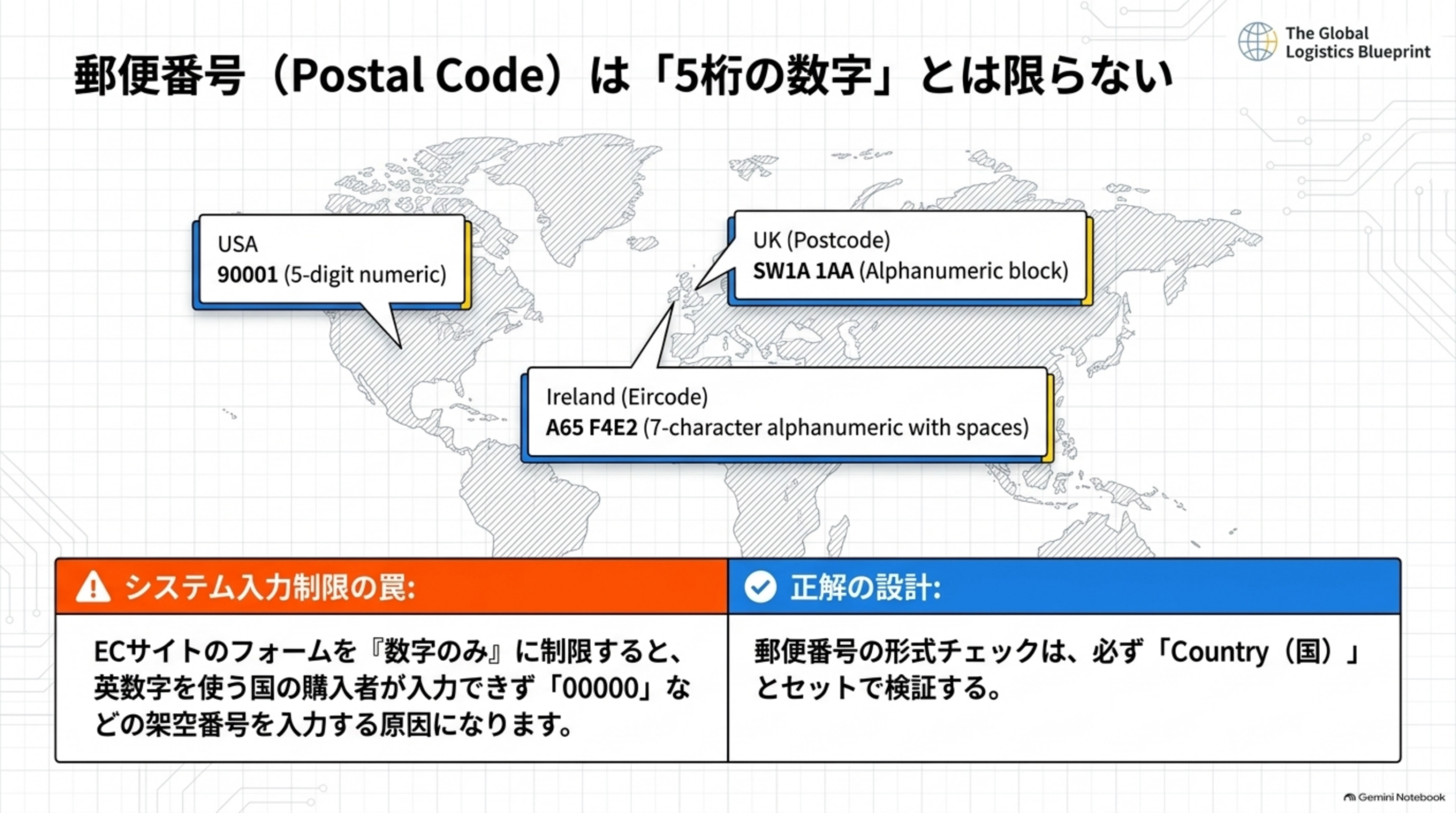 USA 90001(5桁数字)、UK(Postcode) SW1A 1AA(英数字ブロック)、Ireland(Eircode) A65 F4E2(7文字英数字とスペース)という郵便番号形式の違い。フォームを数字のみに制限すると英数字を使う国の購入者が00000などの架空番号を入力する原因になる