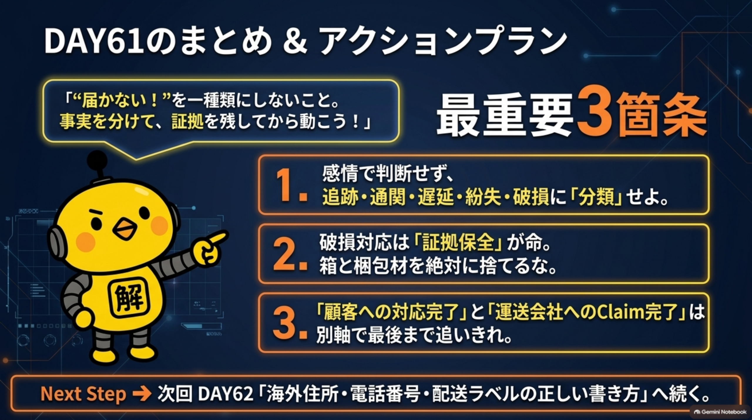 DAY61まとめ：感情で判断せず追跡・通関・遅延・紛失・破損に分類する、破損対応は証拠保全が命で箱と梱包材を捨てない、顧客への対応完了と運送会社へのClaim完了は別軸で最後まで追う。次回DAY62は海外住所・電話番号・配送ラベルの正しい書き方