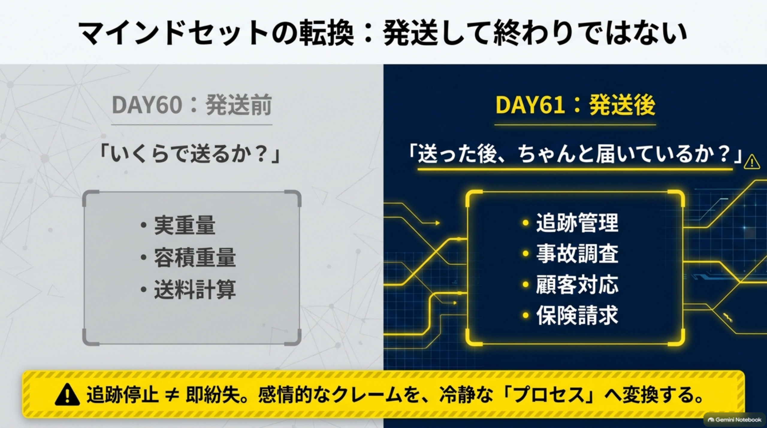 マインドセットの転換：発送して終わりではない。DAY60は発送前(実重量・容積重量・送料計算)、DAY61は発送後(追跡管理・事故調査・顧客対応・保険請求)