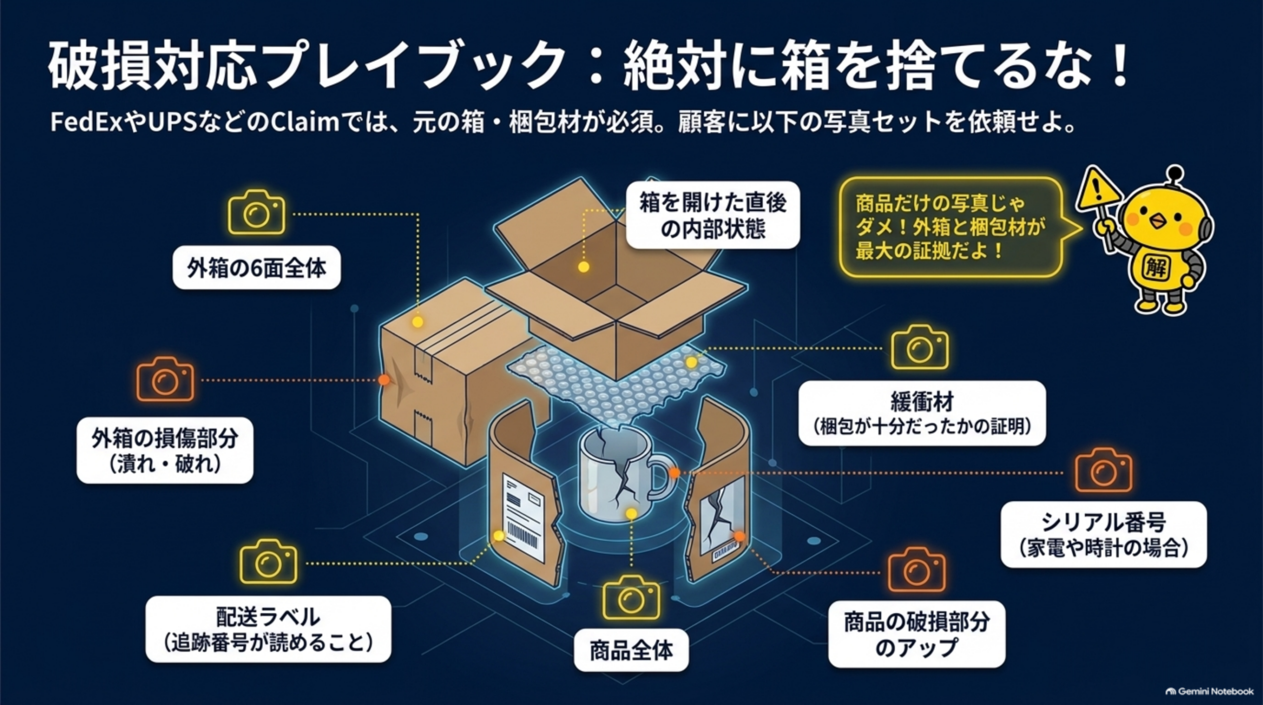 破損対応プレイブック：外箱6面全体・外箱の損傷部分・配送ラベル・箱を開けた直後の内部状態・緩衝材・商品全体・商品破損部分・シリアル番号の写真セット