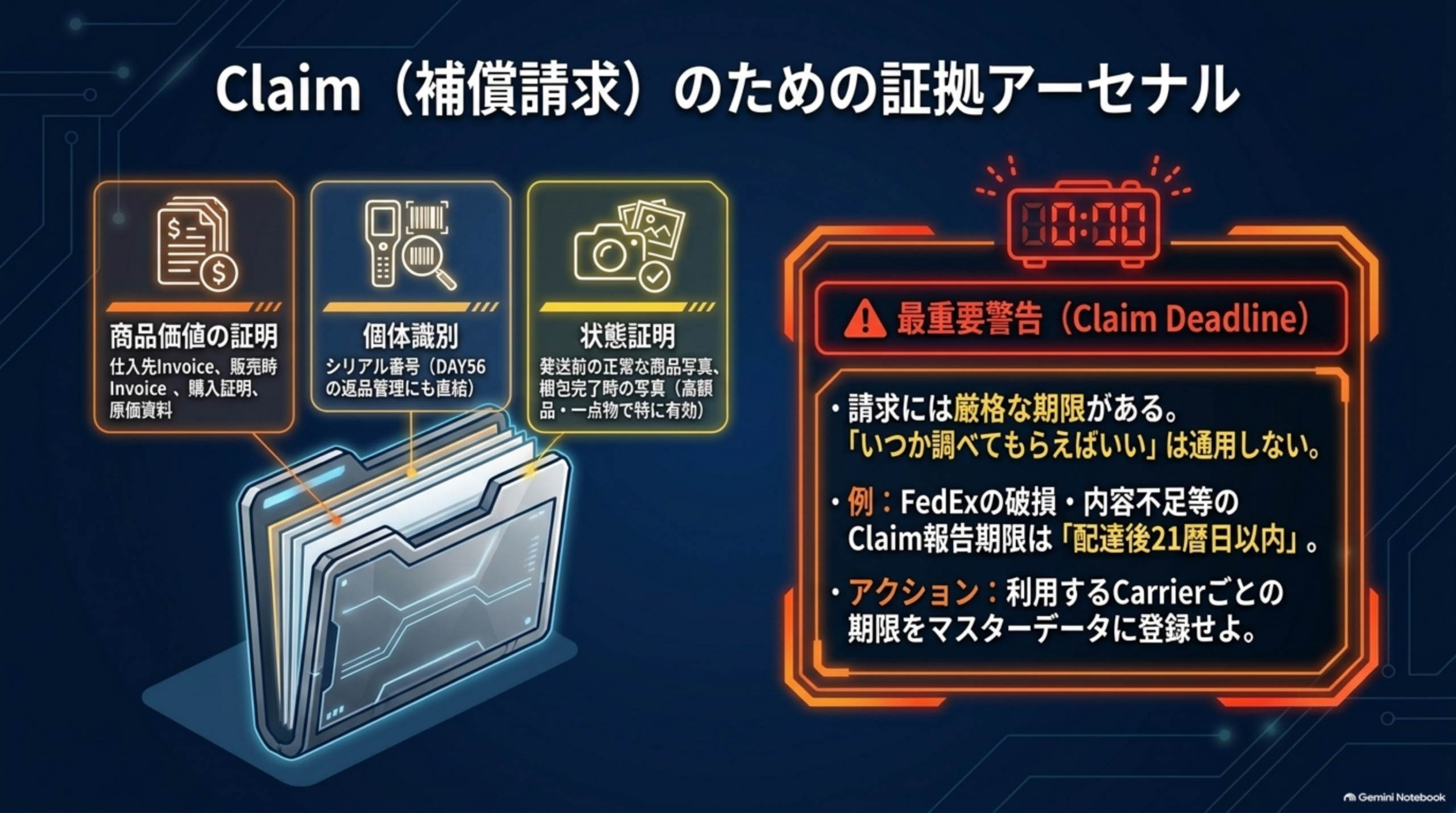 Claimのための証拠アーセナル：商品価値の証明(Invoice等)・個体識別(シリアル番号)・状態証明(発送前後の写真)。最重要警告：請求には厳格な期限があり例えばFedExの破損Claim報告期限は配達後21暦日以内