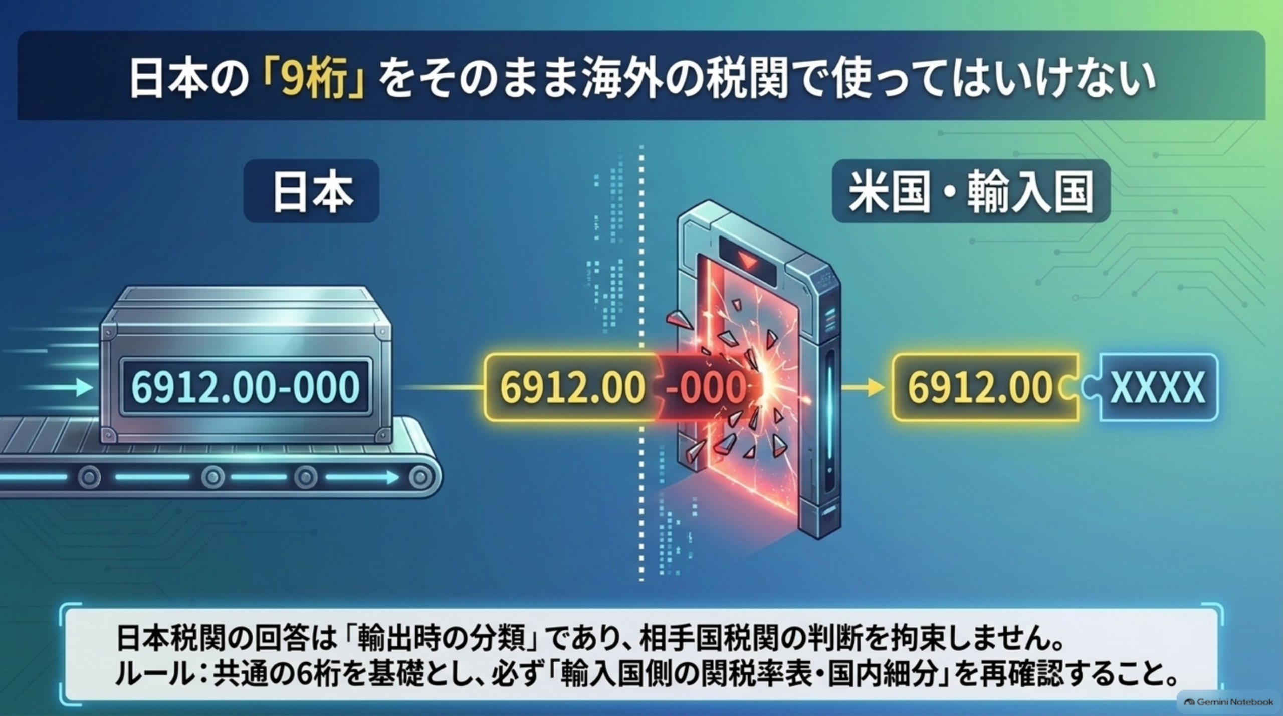 日本の「9桁」をそのまま海外の税関で使ってはいけない。日本の輸出コード6912.00-000が米国・輸入国側では国内細分がXXXXへ変わる。日本税関の回答は「輸出時の分類」であり、相手国税関の判断を拘束しない。ルール：共通の6桁を基礎とし、必ず「輸入国側の関税率表・国内細分」を再確認すること