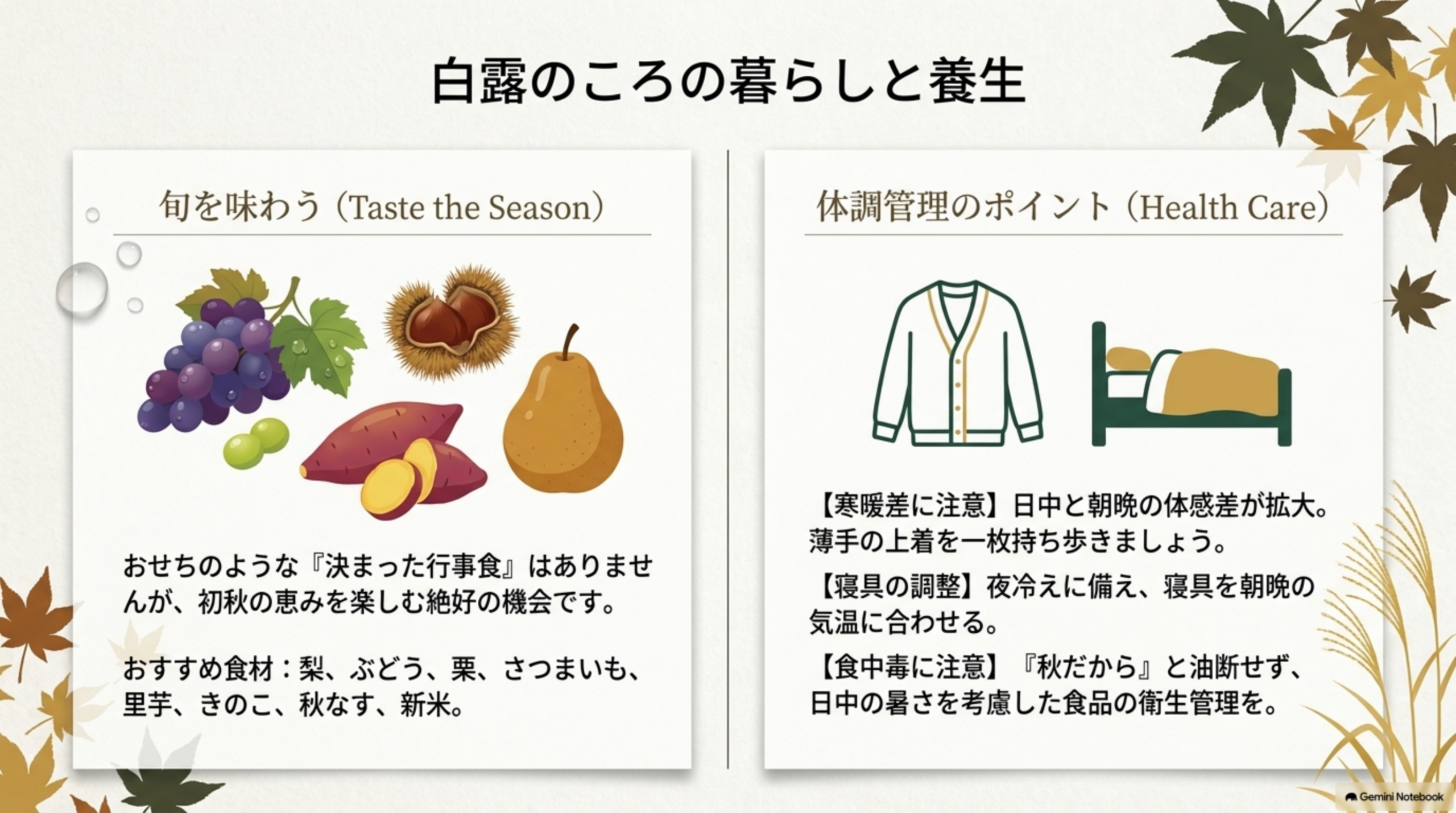 白露のころの暮らしと養生。旬を味わう(Taste the Season)としておせちのような『決まった行事食』はないが初秋の恵みを楽しむ絶好の機会、おすすめ食材：梨・ぶどう・栗・さつまいも・里芋・きのこ・秋なす・新米のイラスト。体調管理のポイント(Health Care)として【寒暖差に注意】日中と朝晩の体感差が拡大、薄手の上着を一枚持ち歩く／【寝具の調整】夜冷えに備え寝具を朝晩の気温に合わせる／【食中毒に注意】『秋だから』と油断せず日中の暑さを考慮した食品の衛生管理を、という3項目