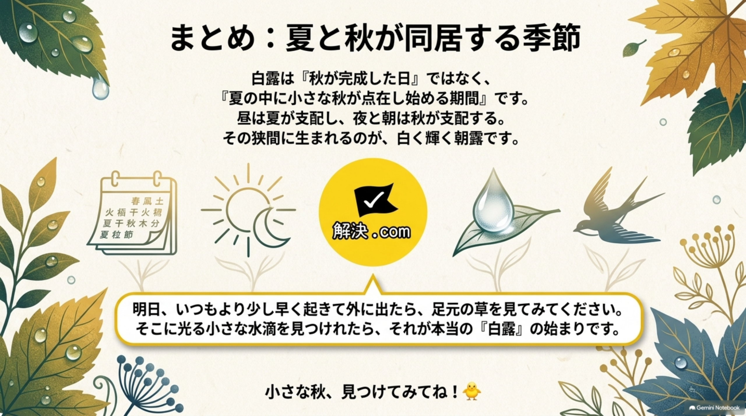 まとめ：夏と秋が同居する季節。白露は『秋が完成した日』ではなく、『夏の中に小さな秋が点在し始める期間』です。昼は夏が支配し、夜と朝は秋が支配する。その狭間に生まれるのが、白く輝く朝露です。解決.comロゴと、明日いつもより少し早く起きて外に出たら足元の草を見てみてください、そこに光る小さな水滴を見つけれたらそれが本当の『白露』の始まりです、というクロージングメッセージ