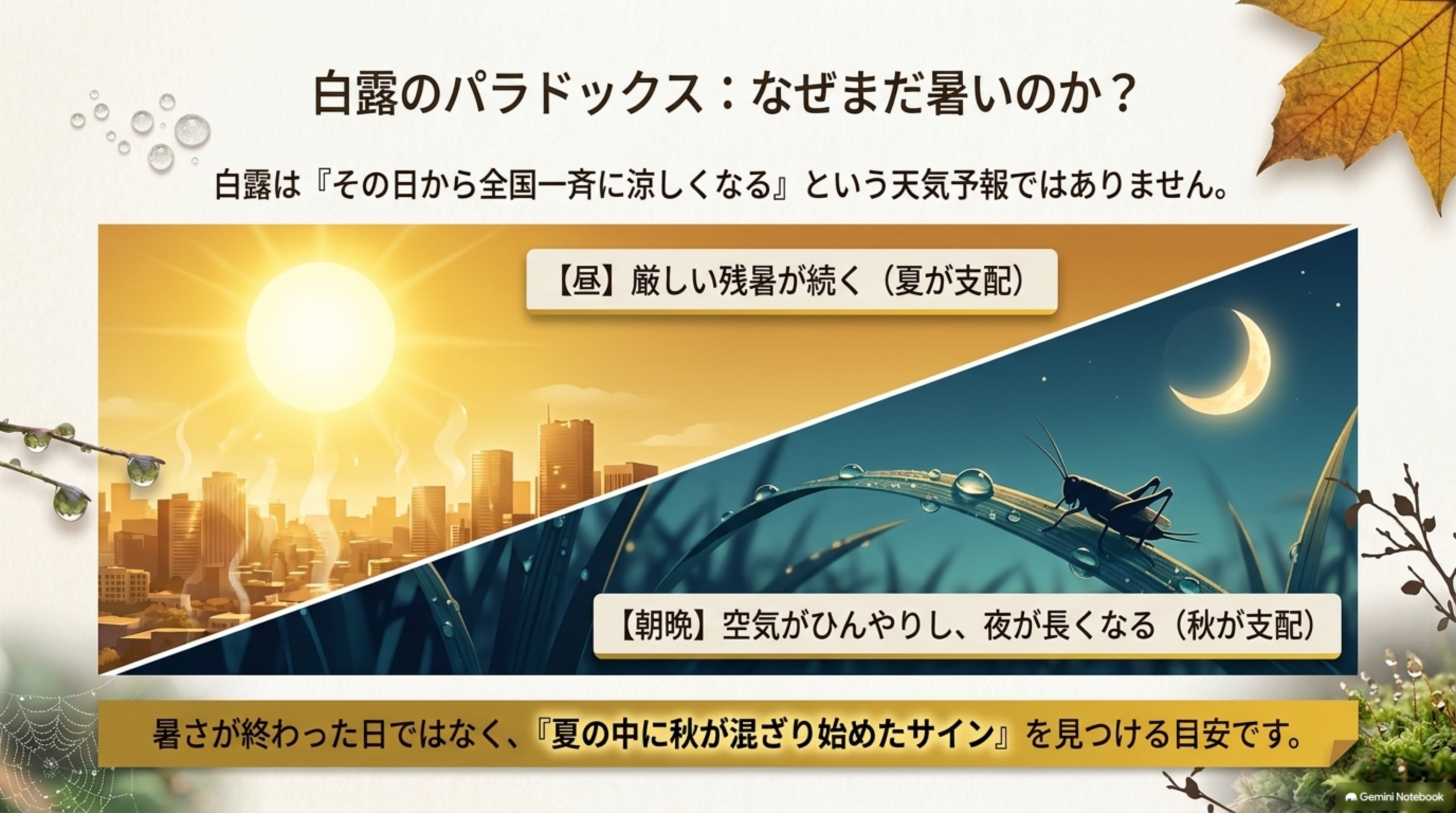 白露のパラドックス：なぜまだ暑いのか？白露は『その日から全国一斉に涼しくなる』という天気予報ではありません。【昼】厳しい残暑が続く(夏が支配)の都市風景と、【朝晩】空気がひんやりし夜が長くなる(秋が支配)のコオロギと三日月の風景を対比。暑さが終わった日ではなく、『夏の中に秋が混ざり始めたサイン』を見つける目安ですという注記