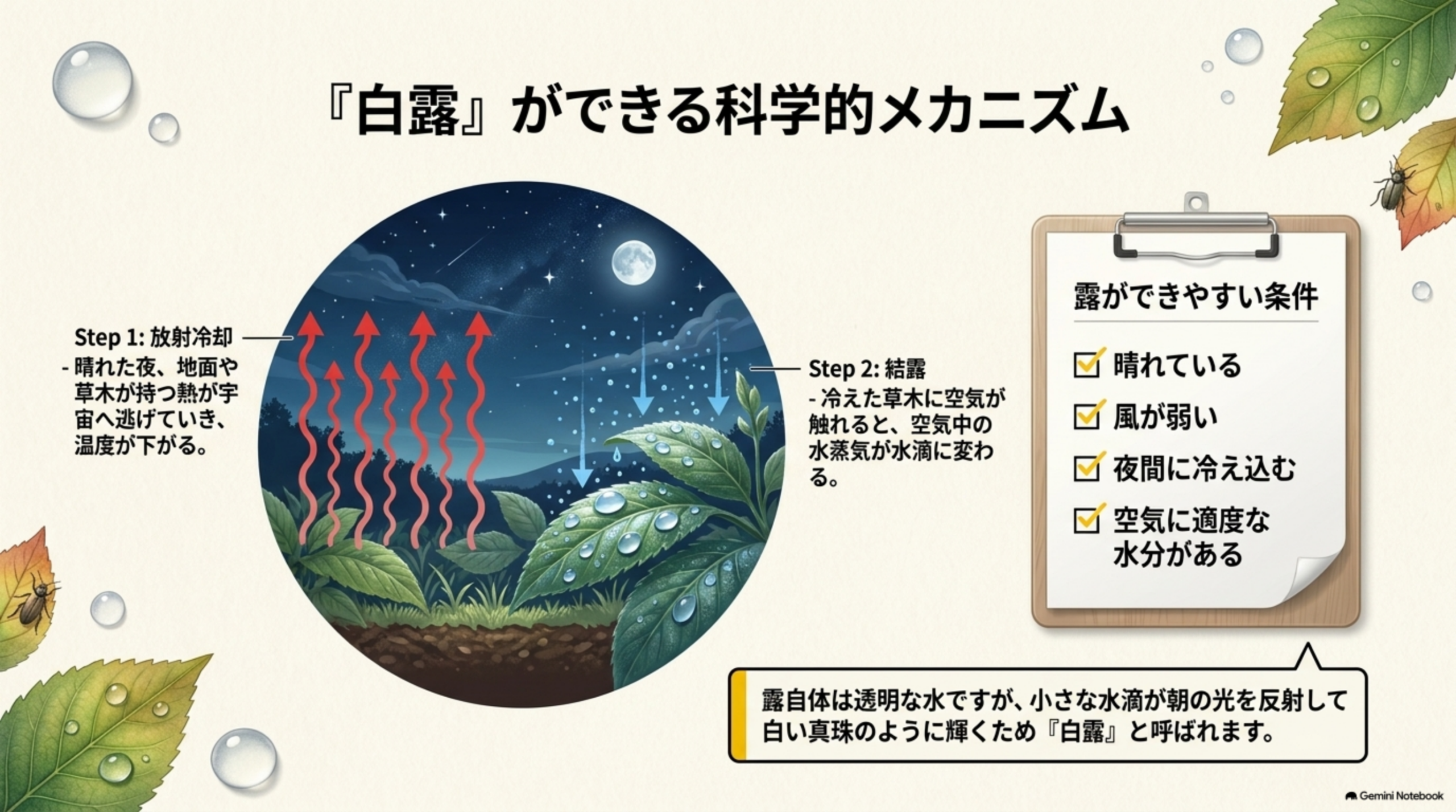 『白露』ができる科学的メカニズム。Step1:放射冷却として晴れた夜、地面や草木が持つ熱が宇宙へ逃げていき温度が下がる図。Step2:結露として冷えた草木に空気が触れると空気中の水蒸気が水滴に変わる図。露ができやすい条件として晴れている・風が弱い・夜間に冷え込む・空気に適度な水分がある、の4項目チェックリスト。露自体は透明な水だが小さな水滴が朝の光を反射して白い真珠のように輝くため『白露』と呼ばれるという注記