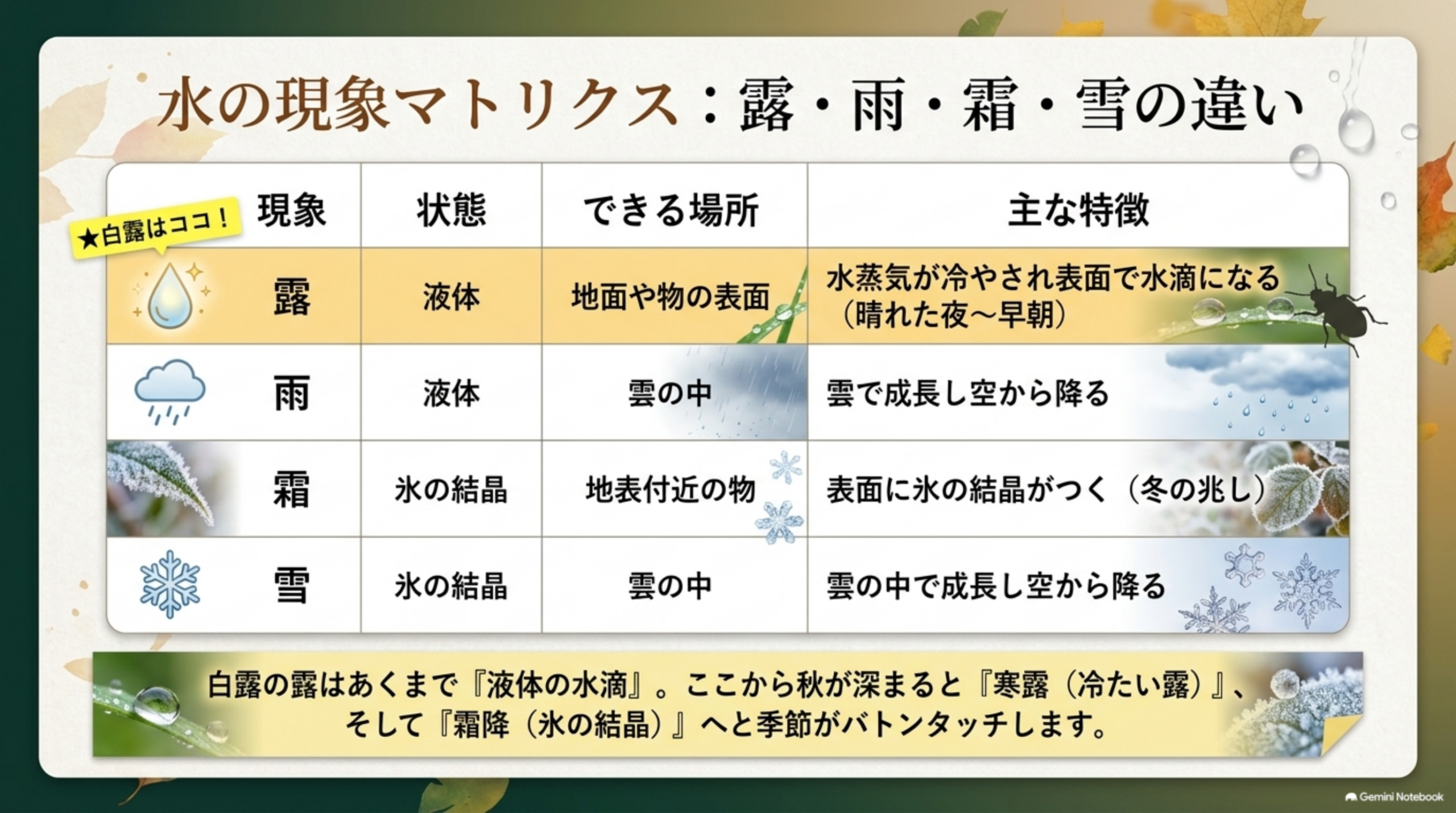水の現象マトリクス：露・雨・霜・雪の違い。露(液体・地面や物の表面・水蒸気が冷やされ表面で水滴になる、晴れた夜〜早朝)★白露はココ！、雨(液体・雲の中・雲で成長し空から降る)、霜(氷の結晶・地表付近の物・表面に氷の結晶がつく、冬の兆し)、雪(氷の結晶・雲の中・雲の中で成長し空から降る)の4行比較表。白露の露はあくまで『液体の水滴』、ここから秋が深まると『寒露(冷たい露)』、そして『霜降(氷の結晶)』へと季節がバトンタッチするという注記
