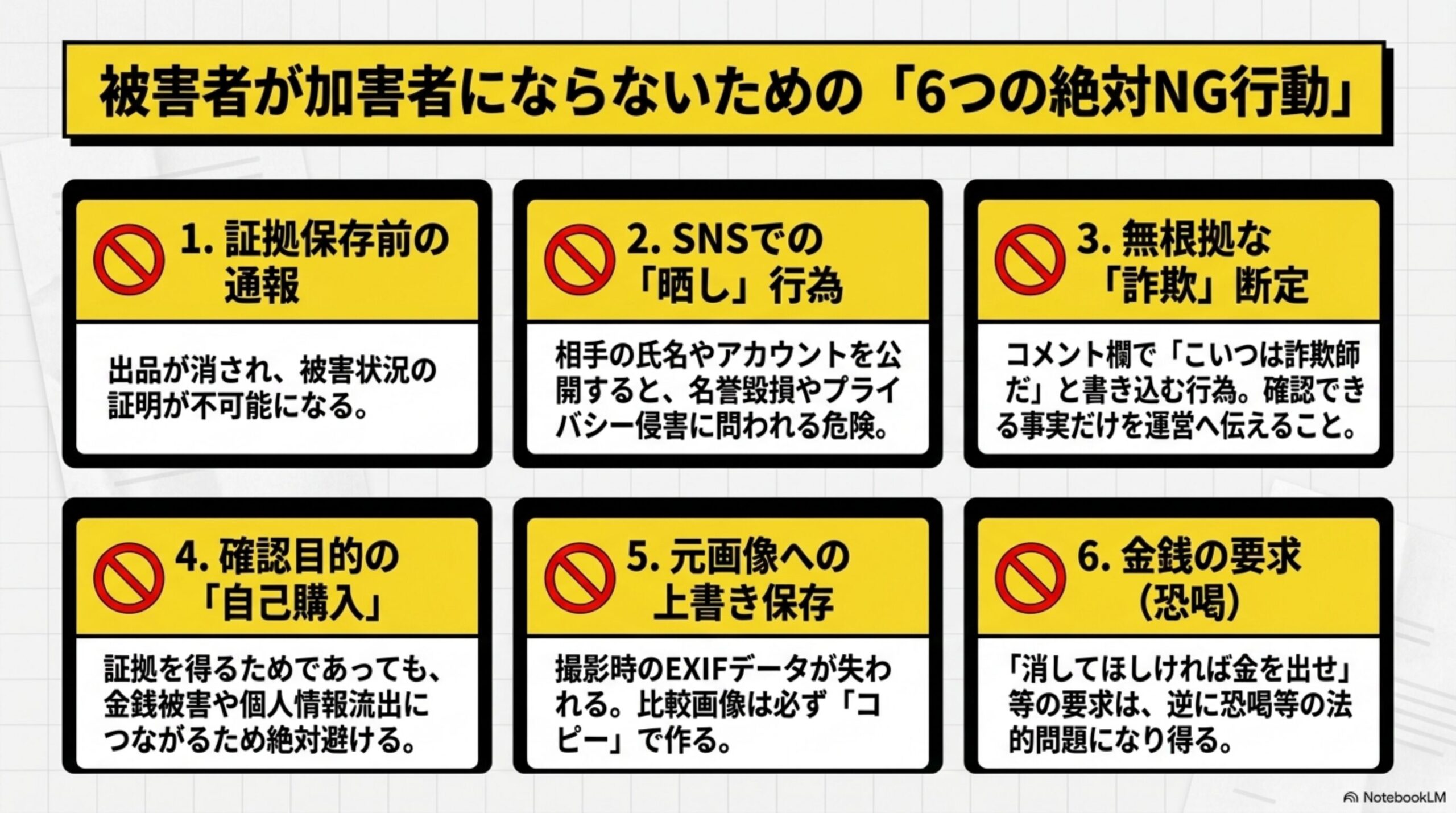 被害者が加害者にならないための「6つの絶対NG行動」という見出しと、証拠保存前の通報、SNSでの晒し行為、無根拠な詐欺断定、確認目的の自己購入、元画像への上書き保存、金銭の要求(恐喝)という6項目の警告カード図解