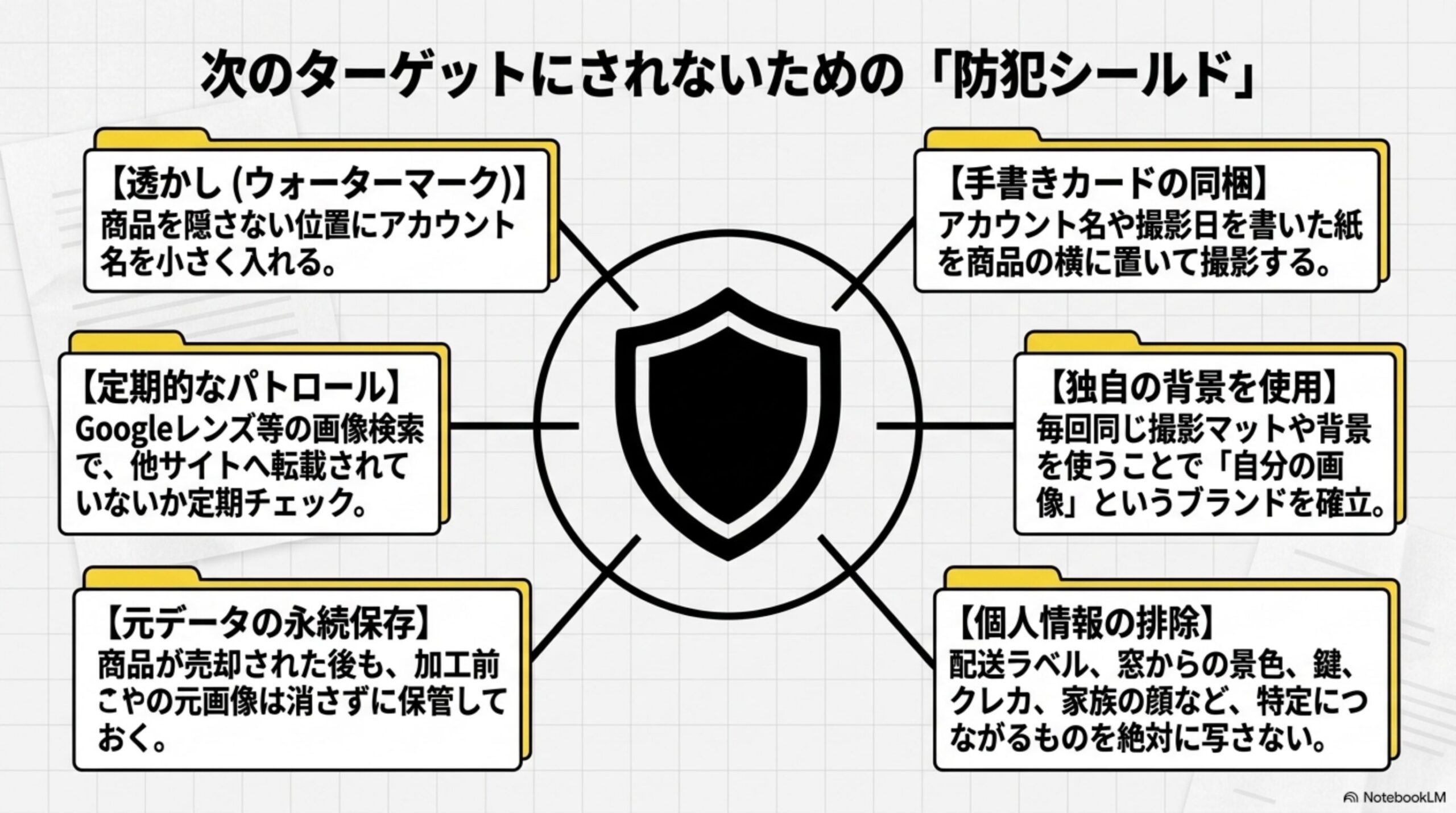 次のターゲットにされないための「防犯シールド」という見出しと、透かし(ウォーターマーク)、手書きカードの同梱、定期的なパトロール、独自の背景を使用、元データの永続保存、個人情報の排除という6項目を盾のアイコンの周りに配置した図解