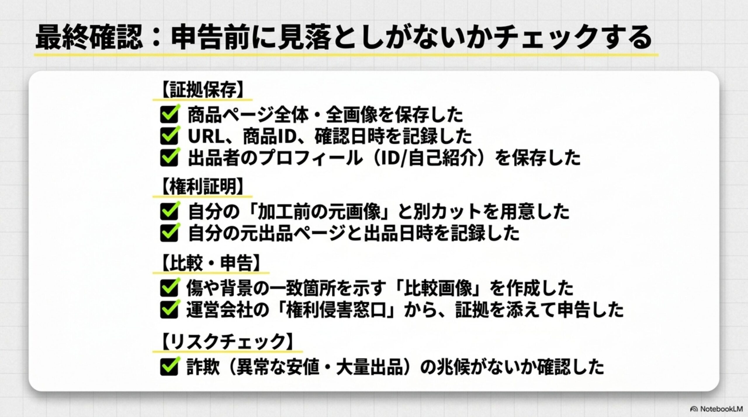 最終確認：申告前に見落としがないかチェックするという見出しと、証拠保存、権利証明、比較・申告、リスクチェックという4カテゴリのチェックリスト図解