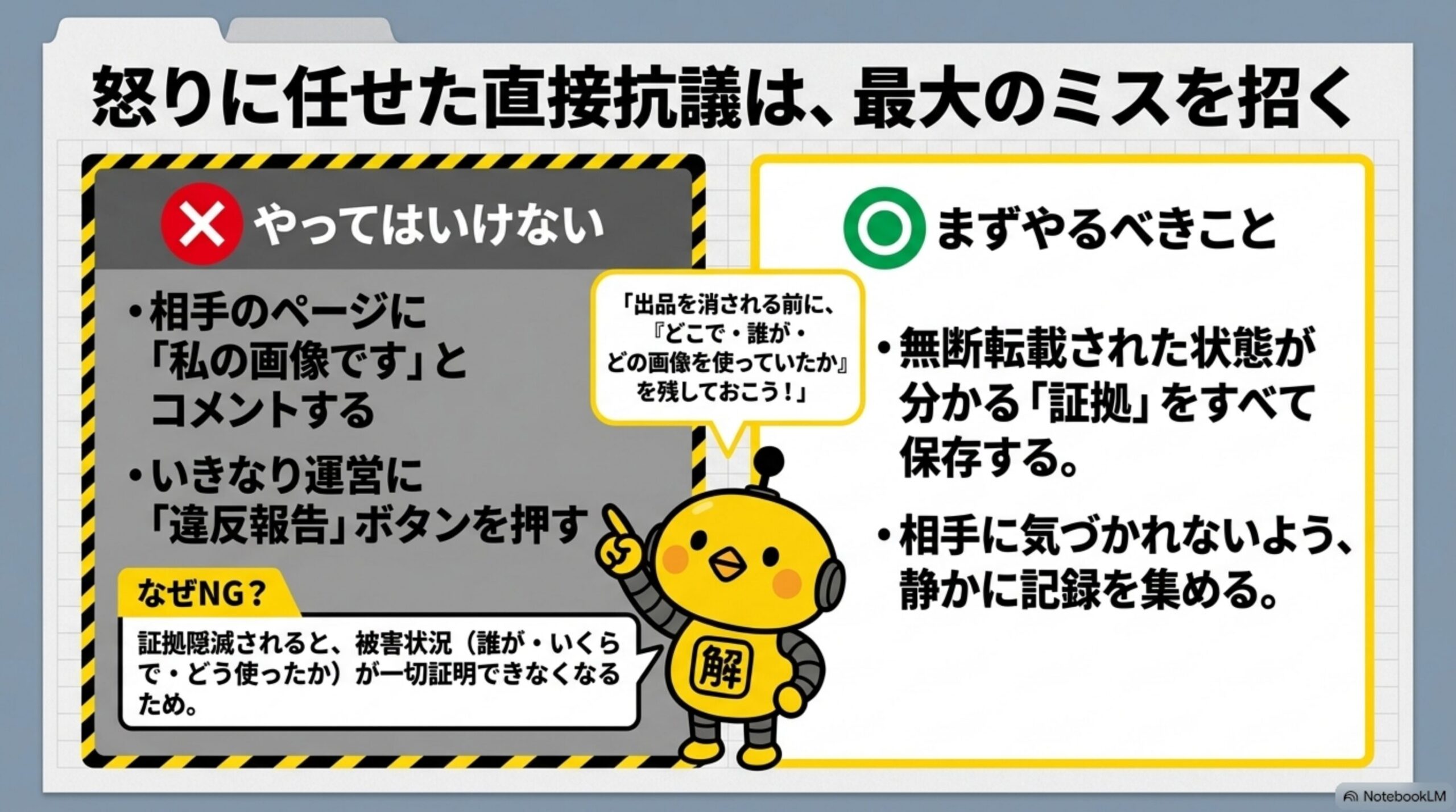 怒りに任せた直接抗議は、最大のミスを招くという見出しと、やってはいけない(相手のページに「私の画像です」とコメントする、いきなり運営に「違反報告」ボタンを押す)とまずやるべきこと(無断転載された状態が分かる証拠をすべて保存する、相手に気づかれないよう静かに記録を集める)を対比する図解。証拠隠滅されると被害状況が一切証明できなくなるためというなぜNGの説明と、カイピヨくんが「出品を消される前に、『どこで・誰が・どの画像を使っていたか』を残しておこう」と話す吹き出し付き