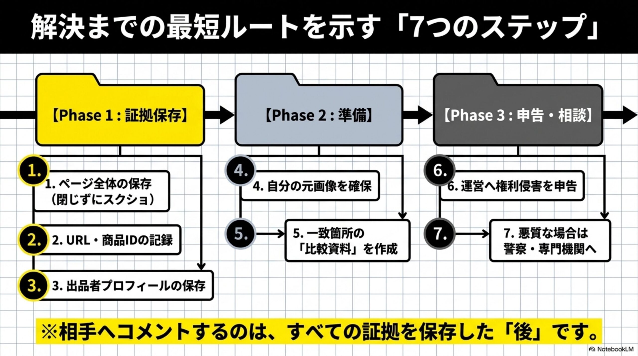 解決までの最短ルートを示す「7つのステップ」という見出しと、Phase1:証拠保存(1.ページ全体の保存 2.URL・商品IDの記録 3.出品者プロフィールの保存)→Phase2:準備(4.自分の元画像を確保 5.一致箇所の比較資料を作成)→Phase3:申告・相談(6.運営へ権利侵害を申告 7.悪質な場合は警察・専門機関へ)という3段階7ステップのフロー図解と、相手へコメントするのはすべての証拠を保存した「後」ですという注意書き