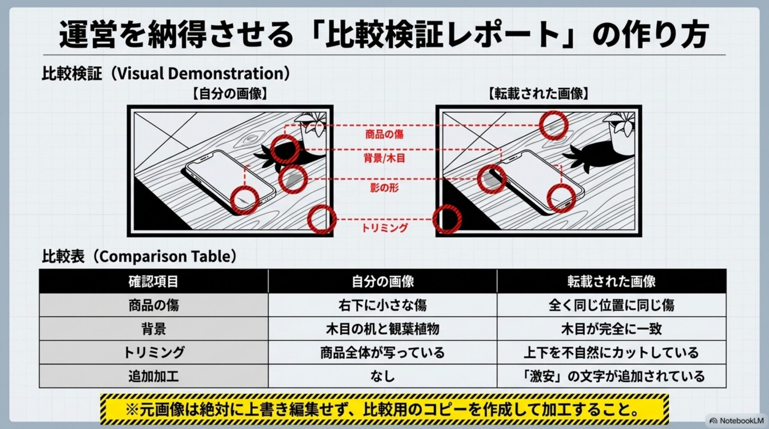 運営を納得させる「比較検証レポート」の作り方という見出しと、自分の画像と転載された画像を並べ、商品の傷・背景の木目・影の形・トリミング箇所に赤丸を付けて一致点を示す比較検証の図解、および確認項目ごとに対比する比較表。元画像は絶対に上書き編集せず、比較用のコピーを作成して加工することという注意書き付き