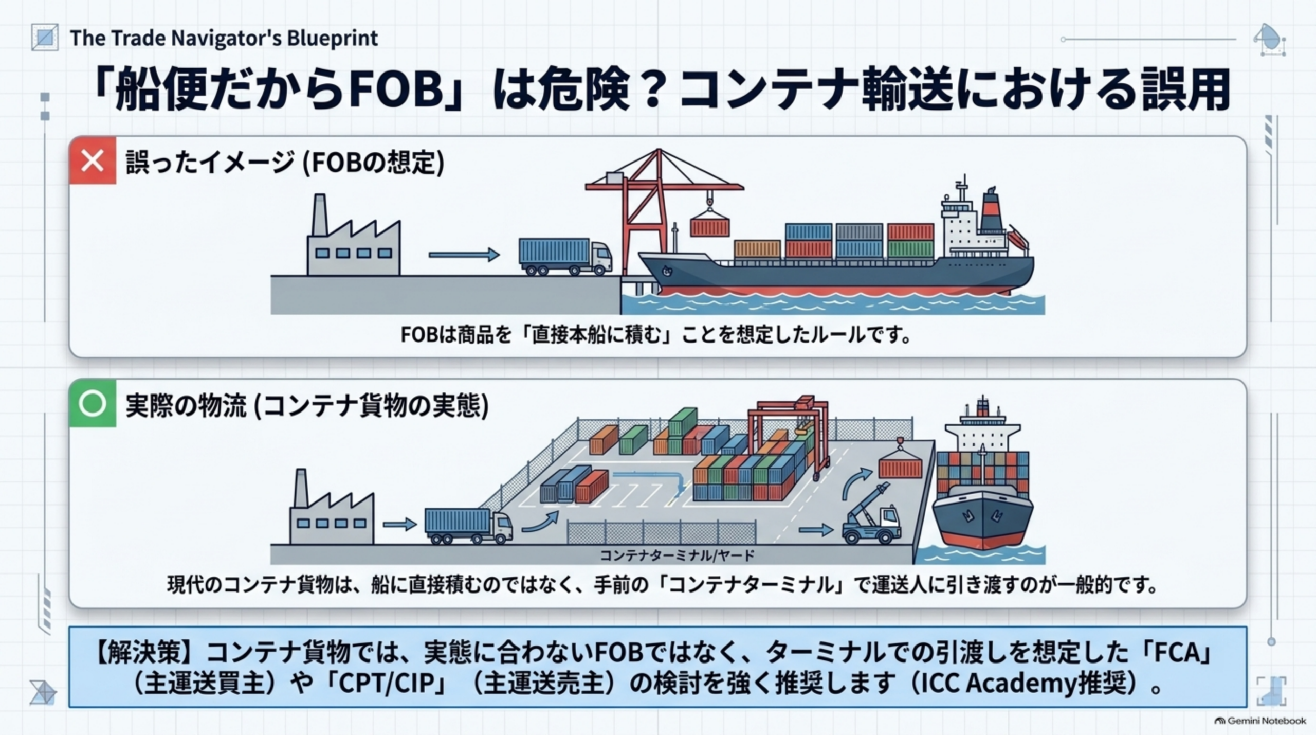 船便だからFOBは危険、コンテナ輸送における誤用。誤ったイメージはFOBが商品を直接本船に積むことを想定したルールというもの。実際の物流ではコンテナ貨物は船に直接積むのではなく手前のコンテナターミナルで運送人に引き渡すのが一般的。解決策はコンテナ貨物では実態に合わないFOBでなくターミナルでの引渡しを想定したFCA(主運送買主)やCPT/CIP(主運送売主)の検討をICC Academyが推奨