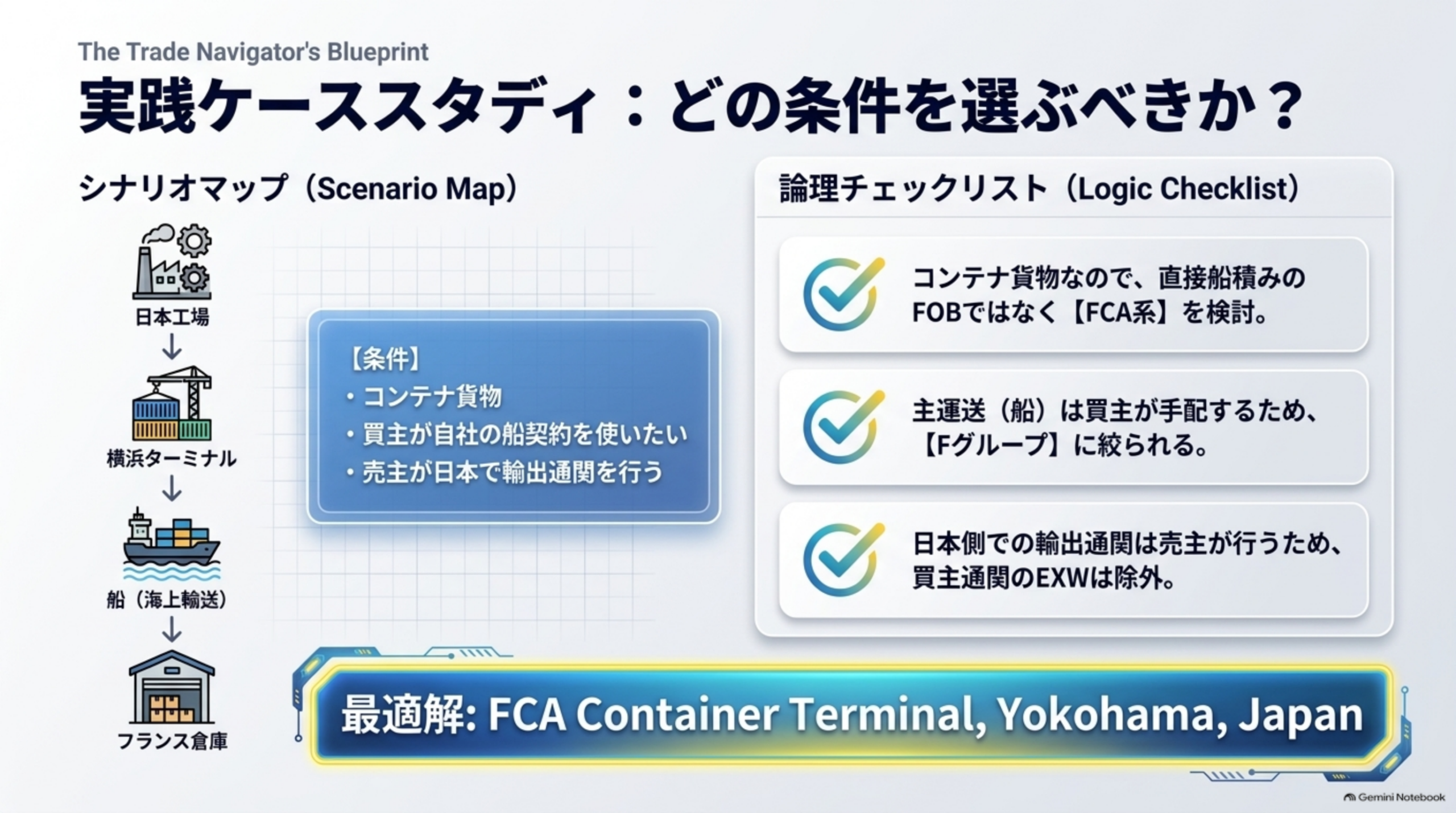 実践ケーススタディ、どの条件を選ぶべきか。シナリオマップは日本工場→横浜ターミナル→船→フランス倉庫。論理チェックリストはコンテナ貨物なので直接船積みのFOBでなくFCA系を検討、主運送(船)は買主が手配するためFグループに絞られる、日本側での輸出通関は売主が行うため買主通関のEXWは除外。最適解はFCA Container Terminal, Yokohama, Japan