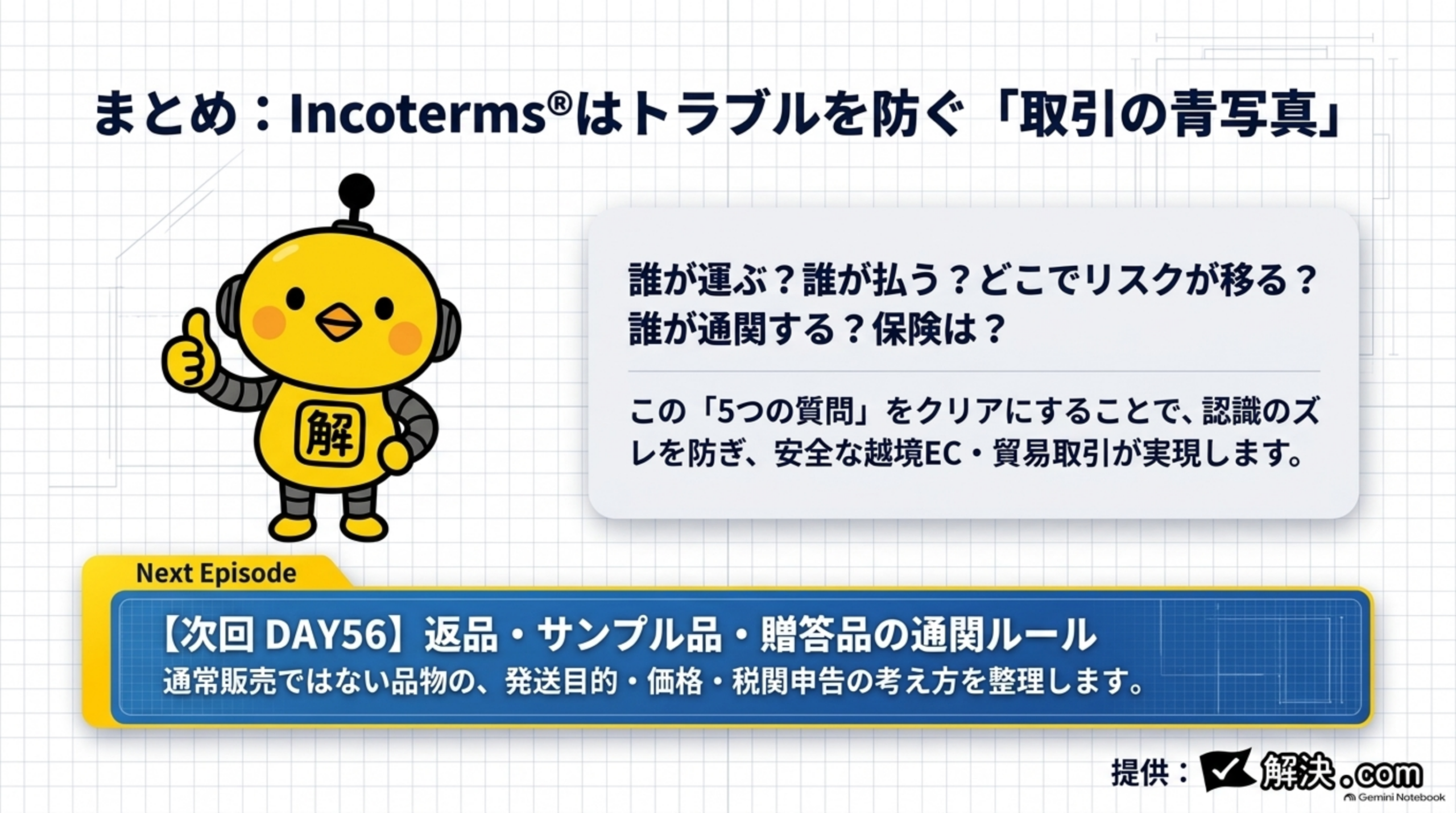 まとめ、Incotermsはトラブルを防ぐ取引の青写真。誰が運ぶ？誰が払う？どこでリスクが移る？誰が通関する？保険は？この5つの質問をクリアにすることで認識のズレを防ぎ、安全な越境EC・貿易取引が実現する