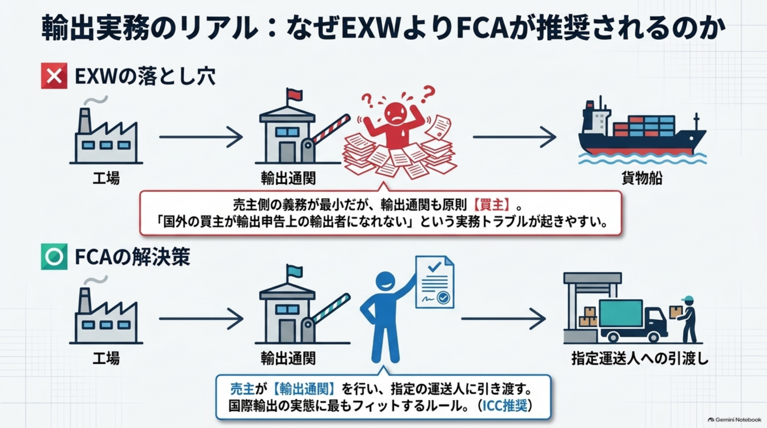 輸出実務のリアル、なぜEXWよりFCAが推奨されるのか。EXWの落とし穴は売主側の義務が最小だが輸出通関も原則買主で国外の買主が輸出申告上の輸出者になれないという実務トラブルが起きやすい。FCAの解決策は売主が輸出通関を行い指定の運送人に引き渡す、国際輸出の実態に最もフィットするルールでICC推奨