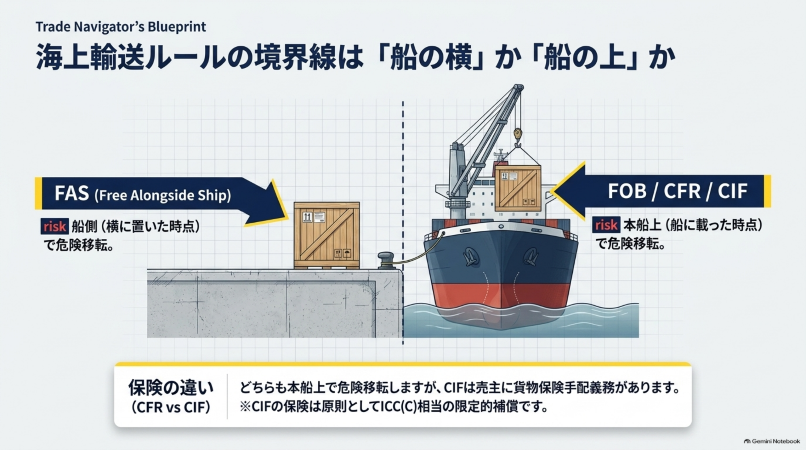 海上輸送ルールの境界線は船の横か船の上か。FASは船側(横に置いた時点)で危険移転。FOB/CFR/CIFは本船上(船に載った時点)で危険移転。保険の違いはCFRとCIFで、CIFは売主に貨物保険手配義務があり原則としてICC(C)相当の限定的補償