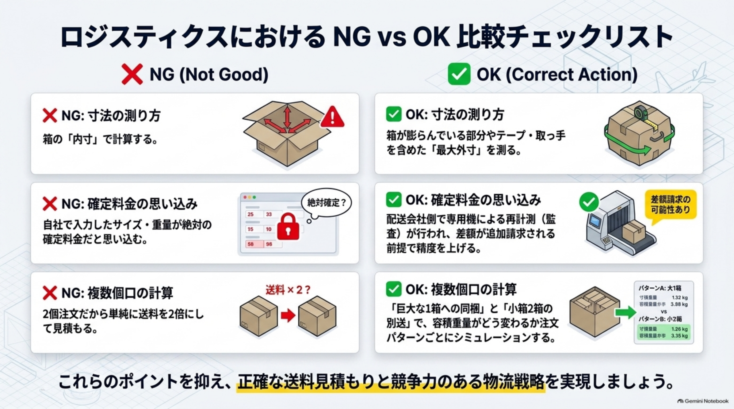 ロジスティクスにおけるNG vs OK比較チェックリスト：寸法の測り方、確定料金の思い込み、複数個口の計算
