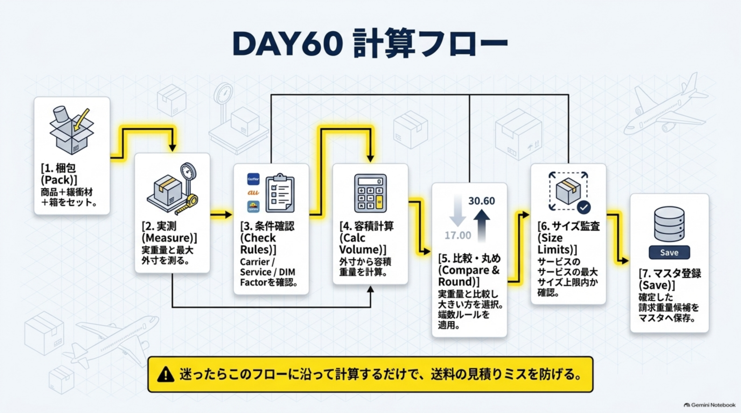 DAY60計算フロー：梱包→実測→条件確認(Carrier/Service/DIM Factor)→容積計算→比較・丸め→サイズ監査→マスタ登録の7ステップ