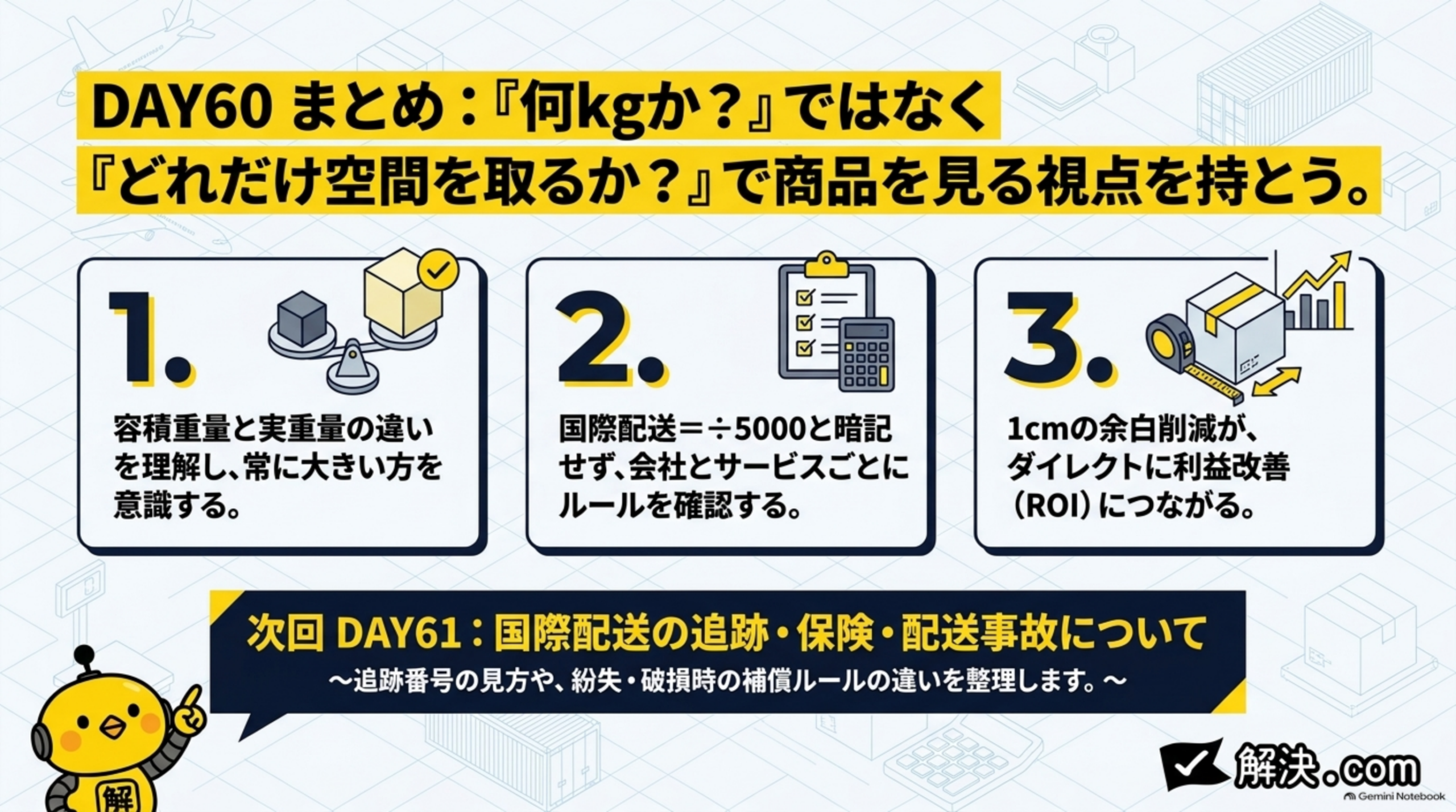 DAY60まとめ：容積重量と実重量の違いを理解し常に大きい方を意識する、国際配送＝÷5,000と暗記せず会社とサービスごとにルールを確認する、1cmの余白削減が利益改善につながる。次回DAY61は国際配送の追跡・保険・配送事故