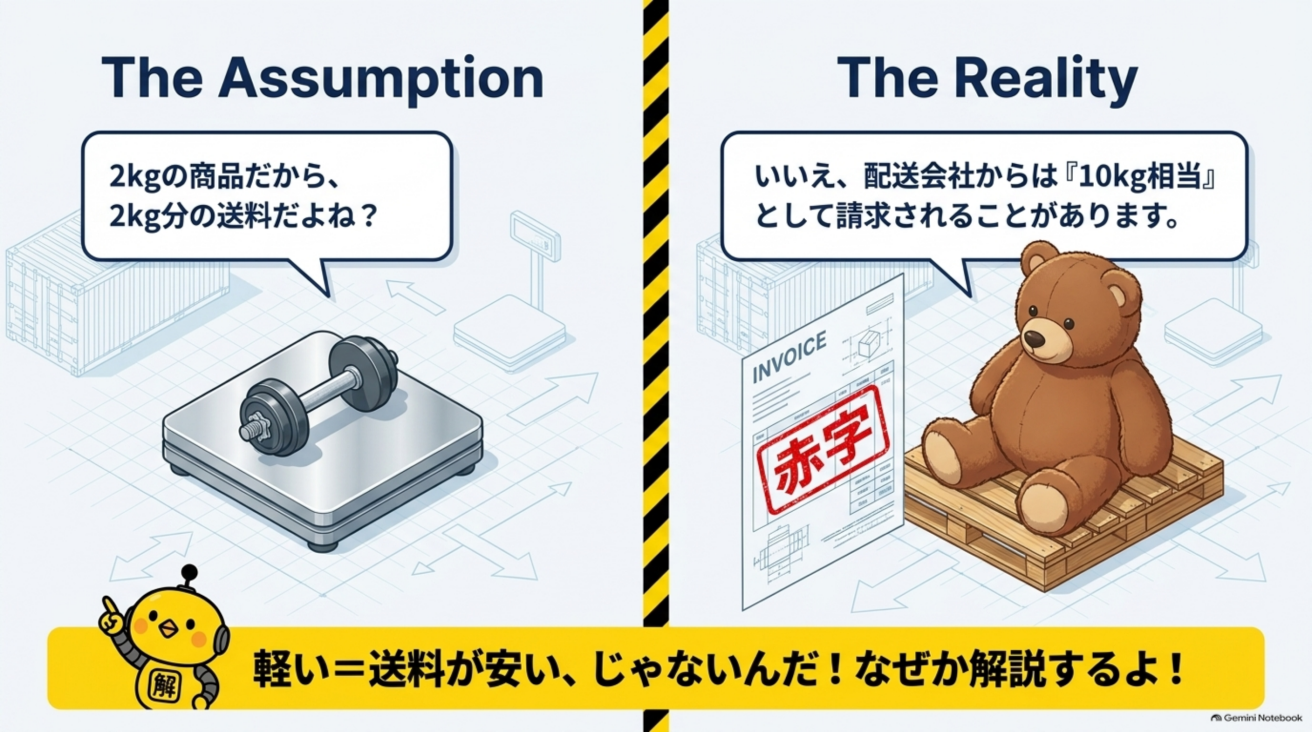 The Assumption：2kgの商品だから2kg分の送料だよね？ The Reality：配送会社からは10kg相当として請求されることがある