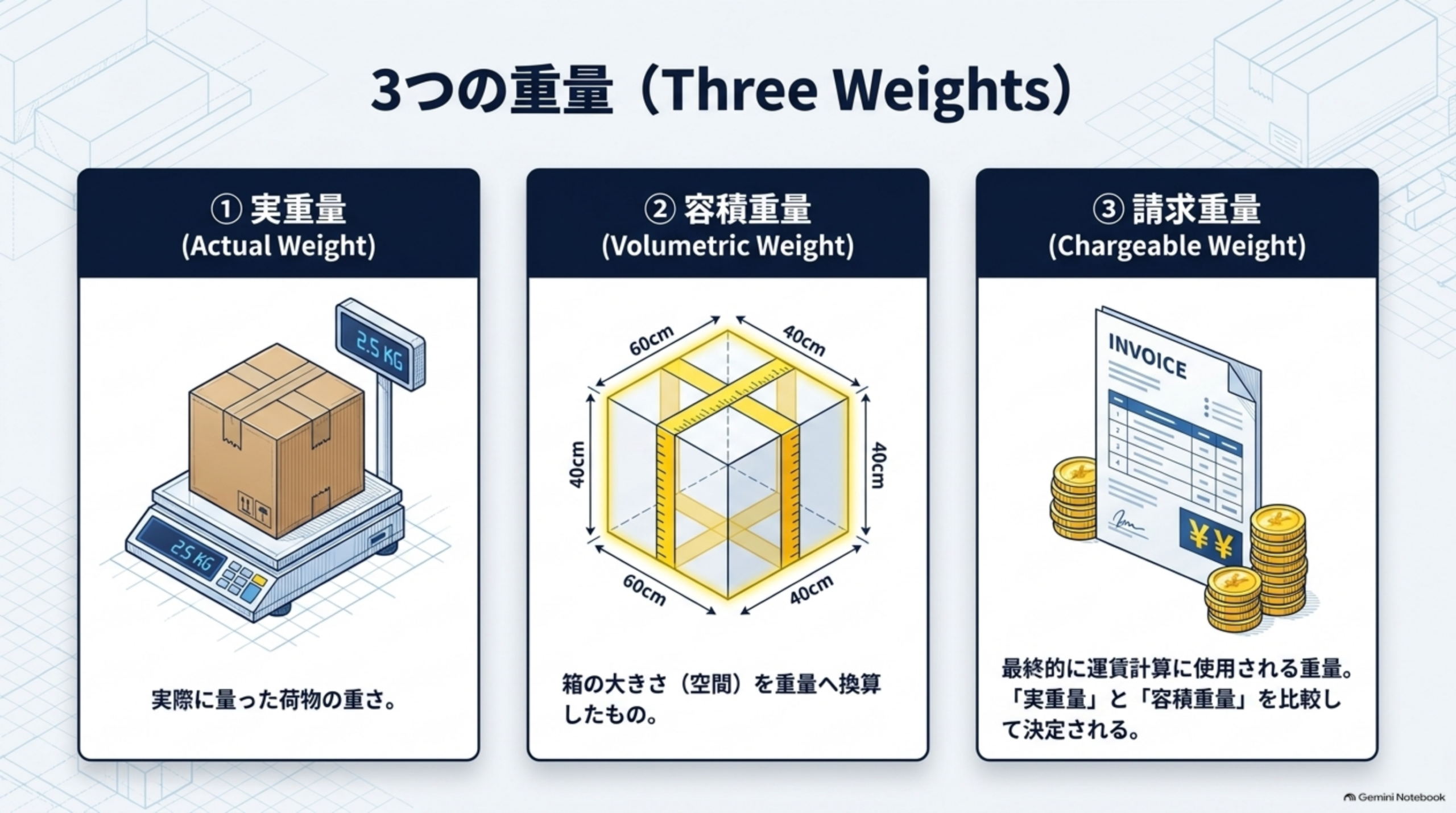 3つの重量：①実重量(Actual Weight)②容積重量(Volumetric Weight)③請求重量(Chargeable Weight)の図解