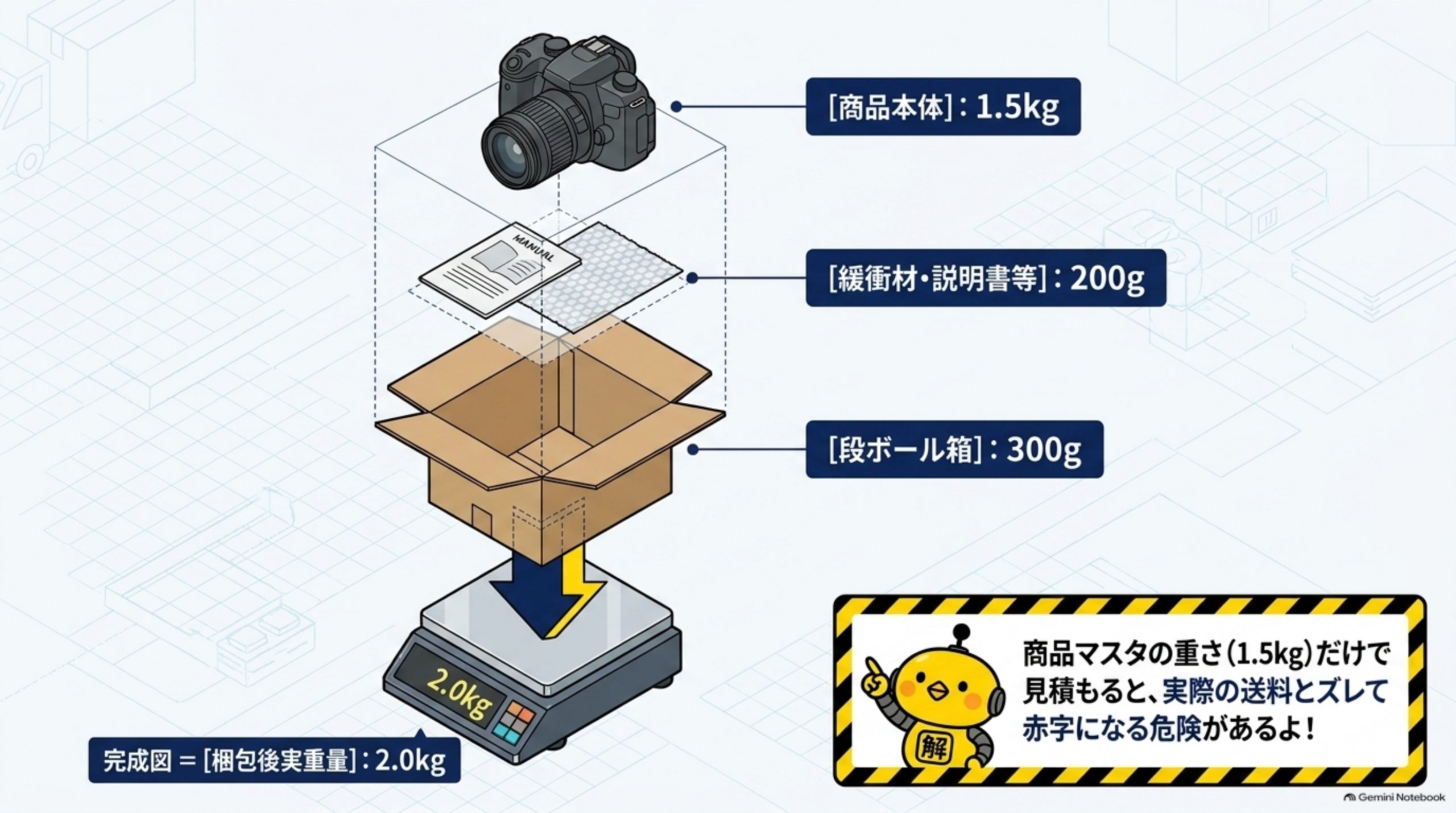 商品本体1.5kg＋緩衝材・説明書等200g＋段ボール箱300g＝梱包後実重量2.0kgという内訳図