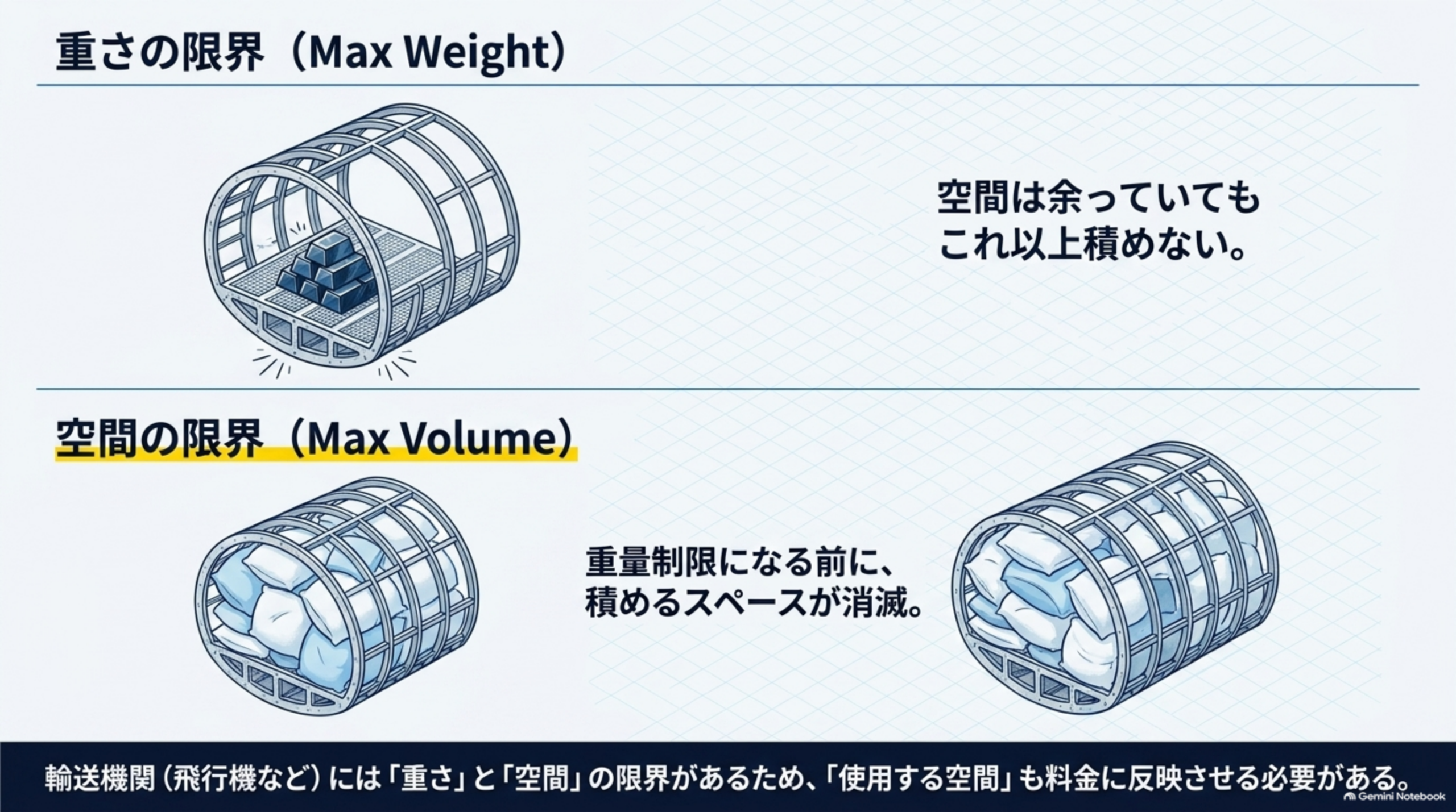 重さの限界(Max Weight)は空間が余っていてもこれ以上積めない、空間の限界(Max Volume)は重量制限になる前に積めるスペースが消滅するという2つの限界の図
