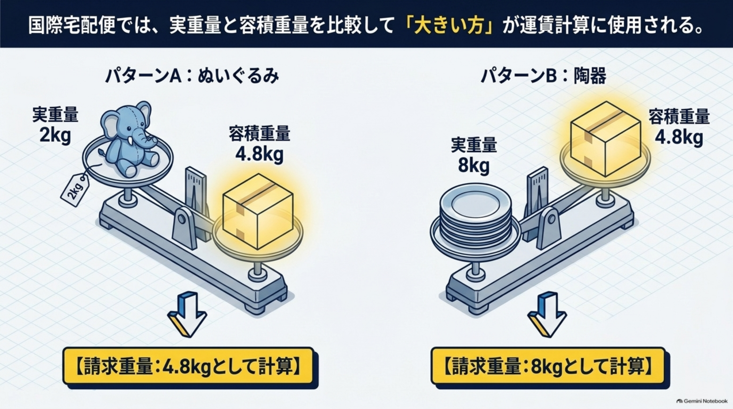 パターンA：ぬいぐるみは実重量2kg・容積重量4.8kgで請求重量4.8kg、パターンB：陶器は実重量8kg・容積重量4.8kgで請求重量8kgとして計算される比較図