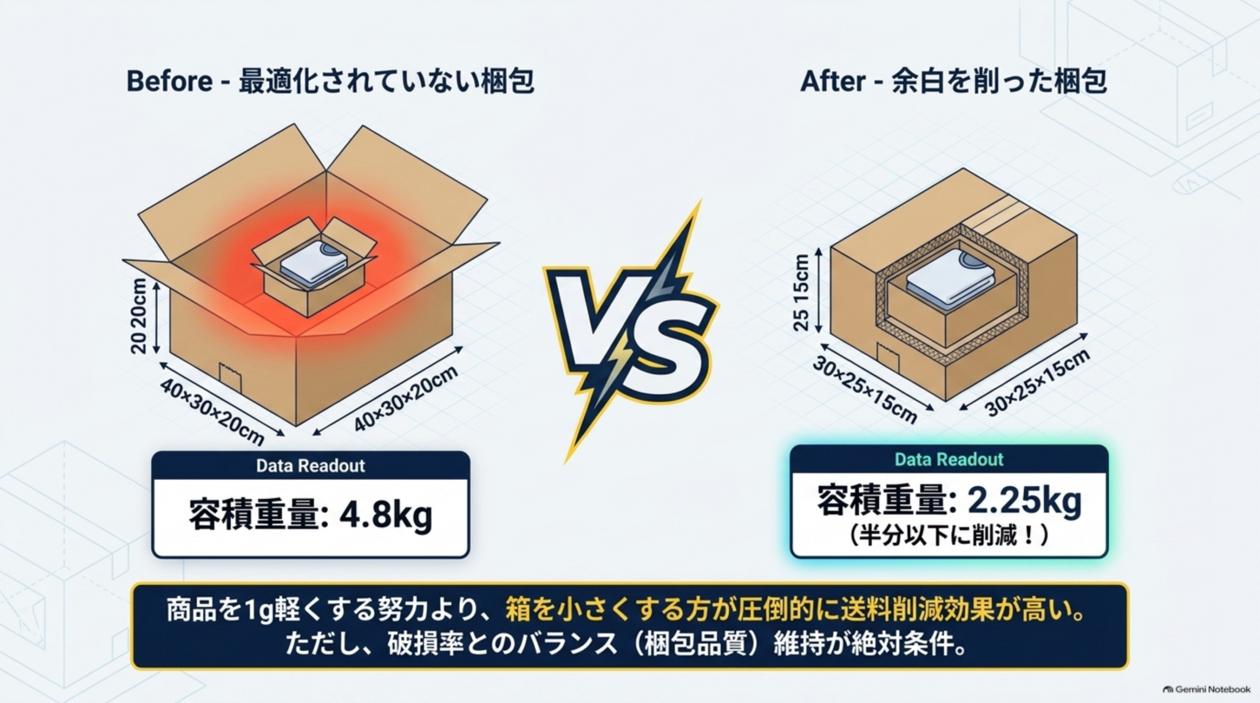Before：最適化されていない梱包40×30×20cmで容積重量4.8kg、After：余白を削った梱包30×25×15cmで容積重量2.25kgへ半分以下に削減